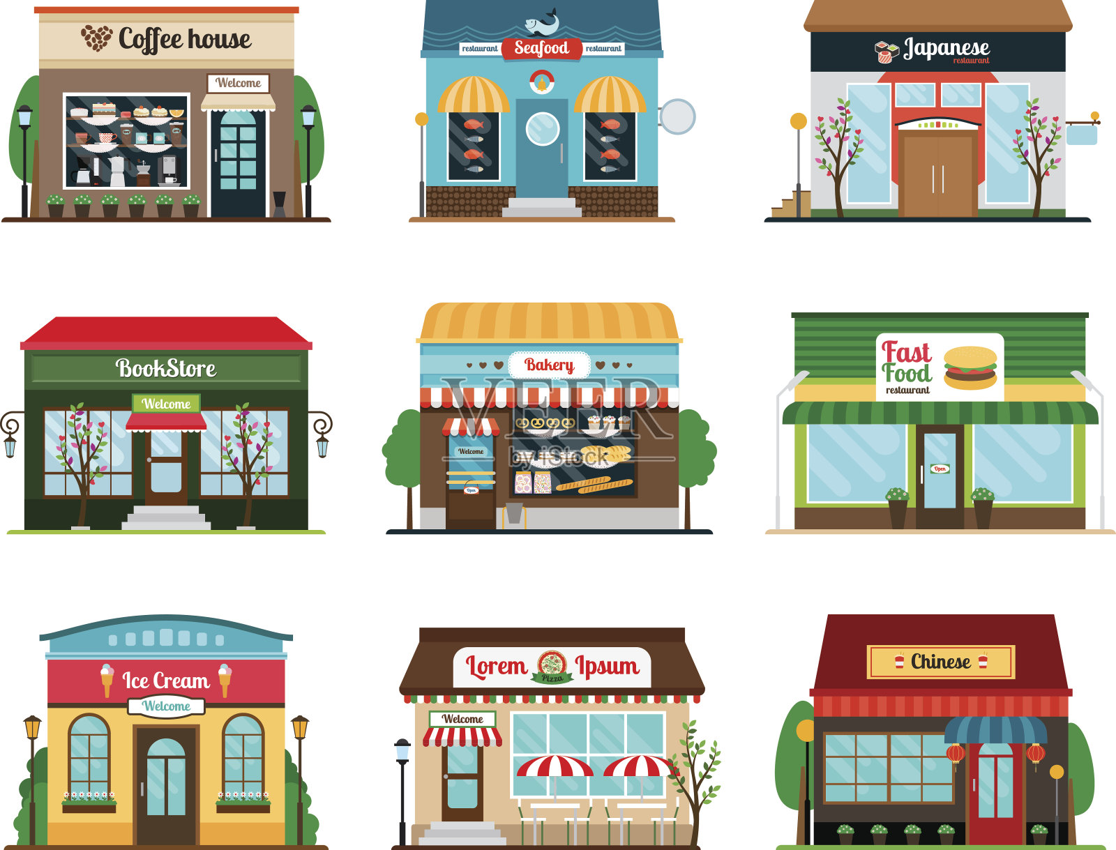 商店和咖啡馆的彩色图标设计元素图片