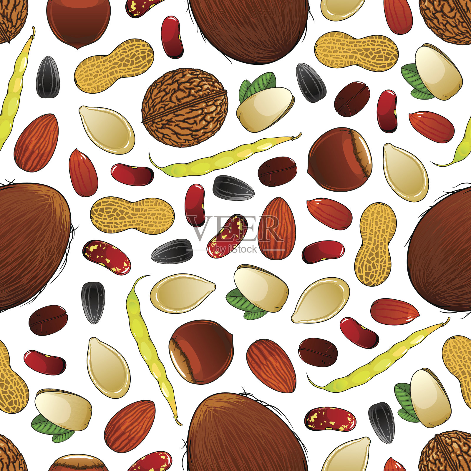 无缝坚果、豆类和种子图案背景插画图片素材