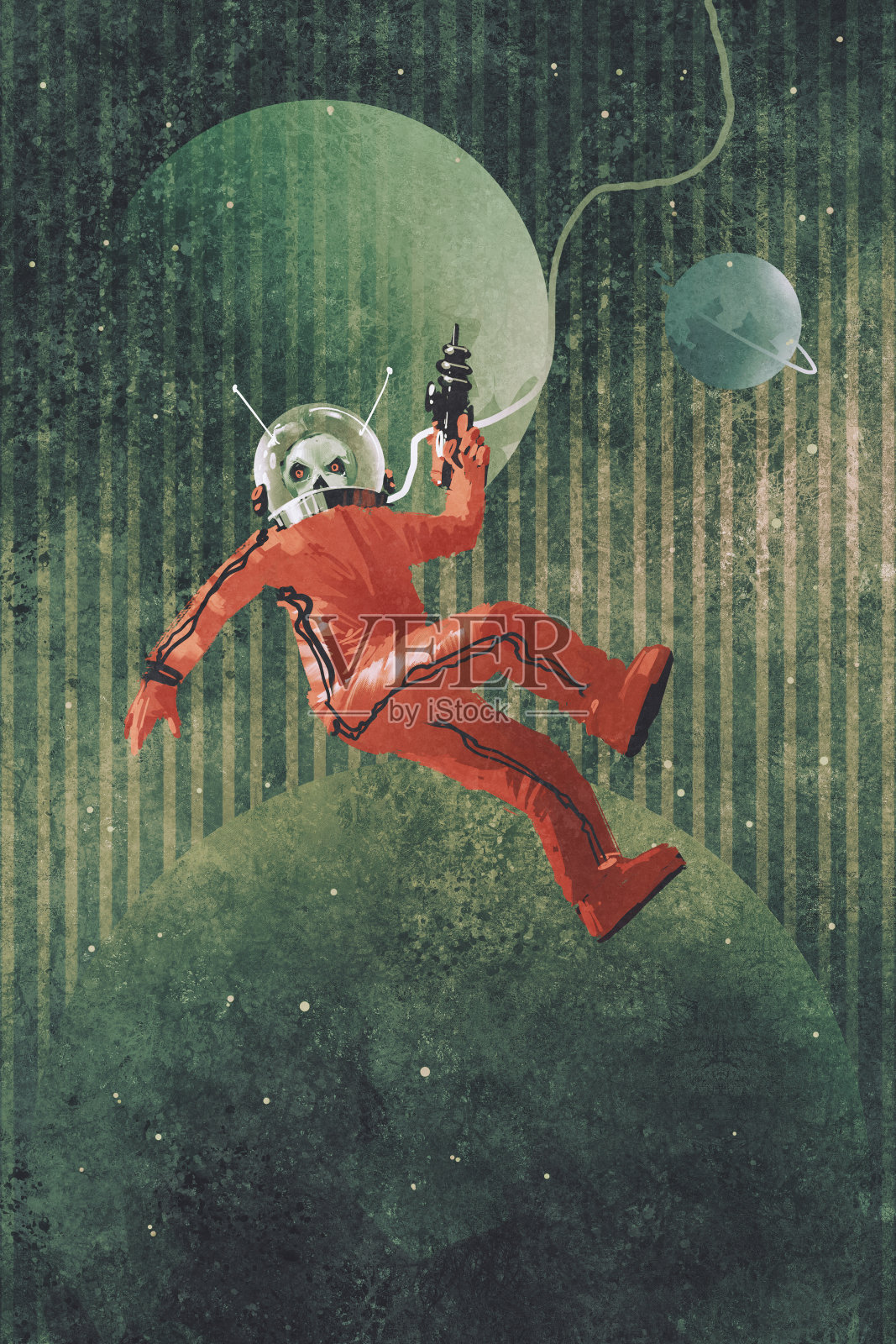 宇航员，穿着红衣服拿着枪的宇航员插画图片素材