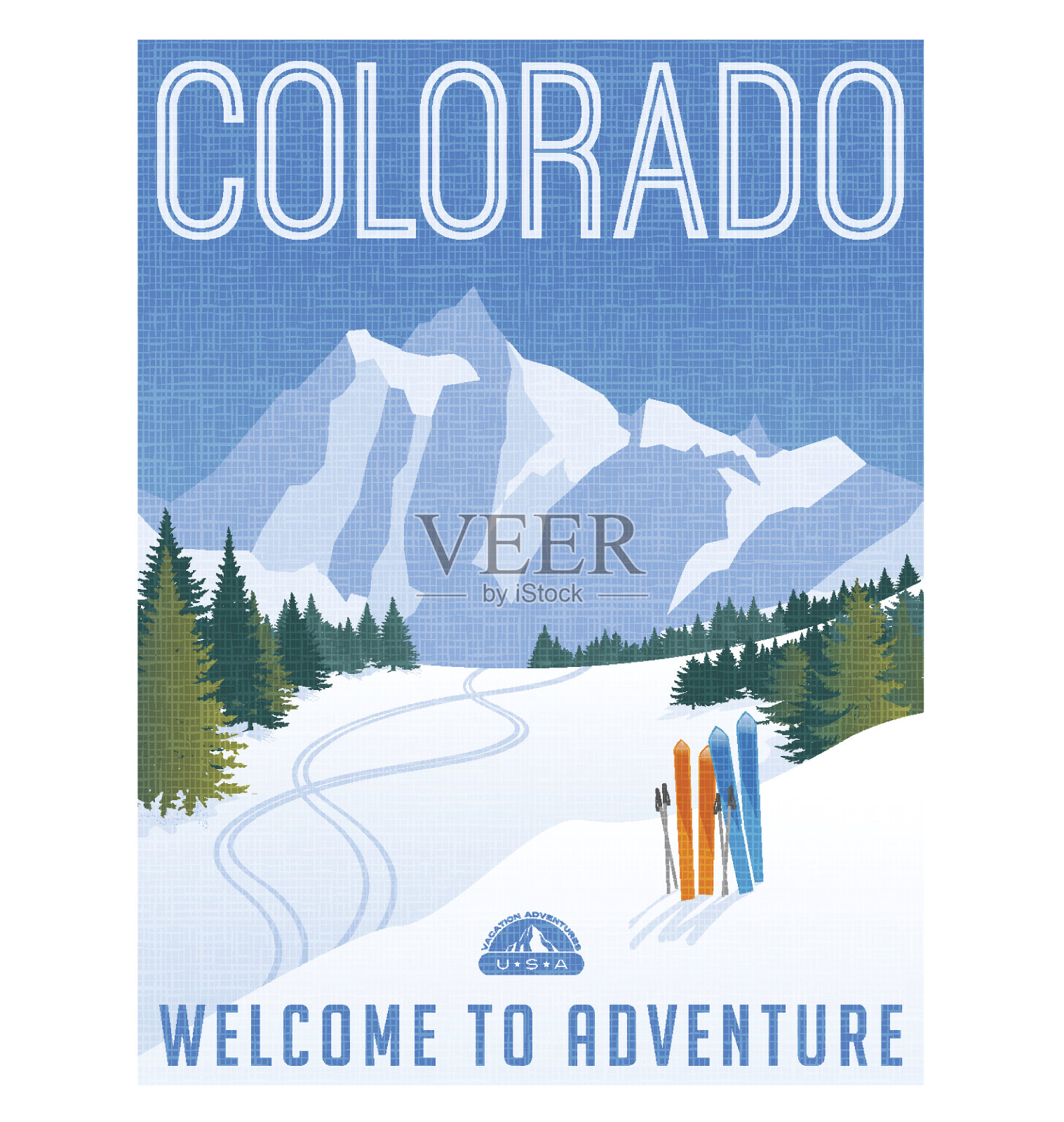 科罗拉多旅行海报。矢量插图滑雪在落基山脉。插画图片素材