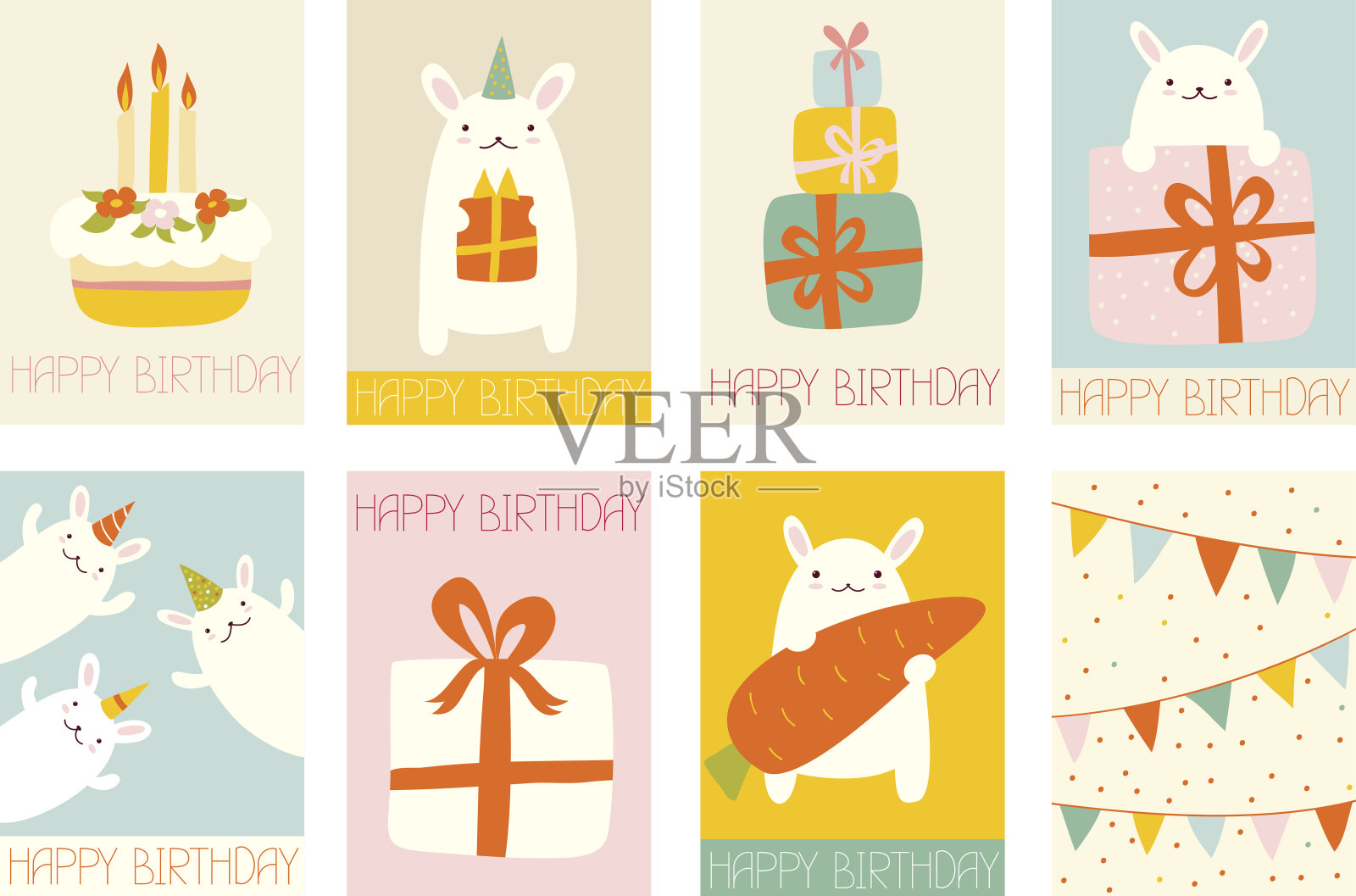 一套可爱的兔子生日横幅插画图片素材