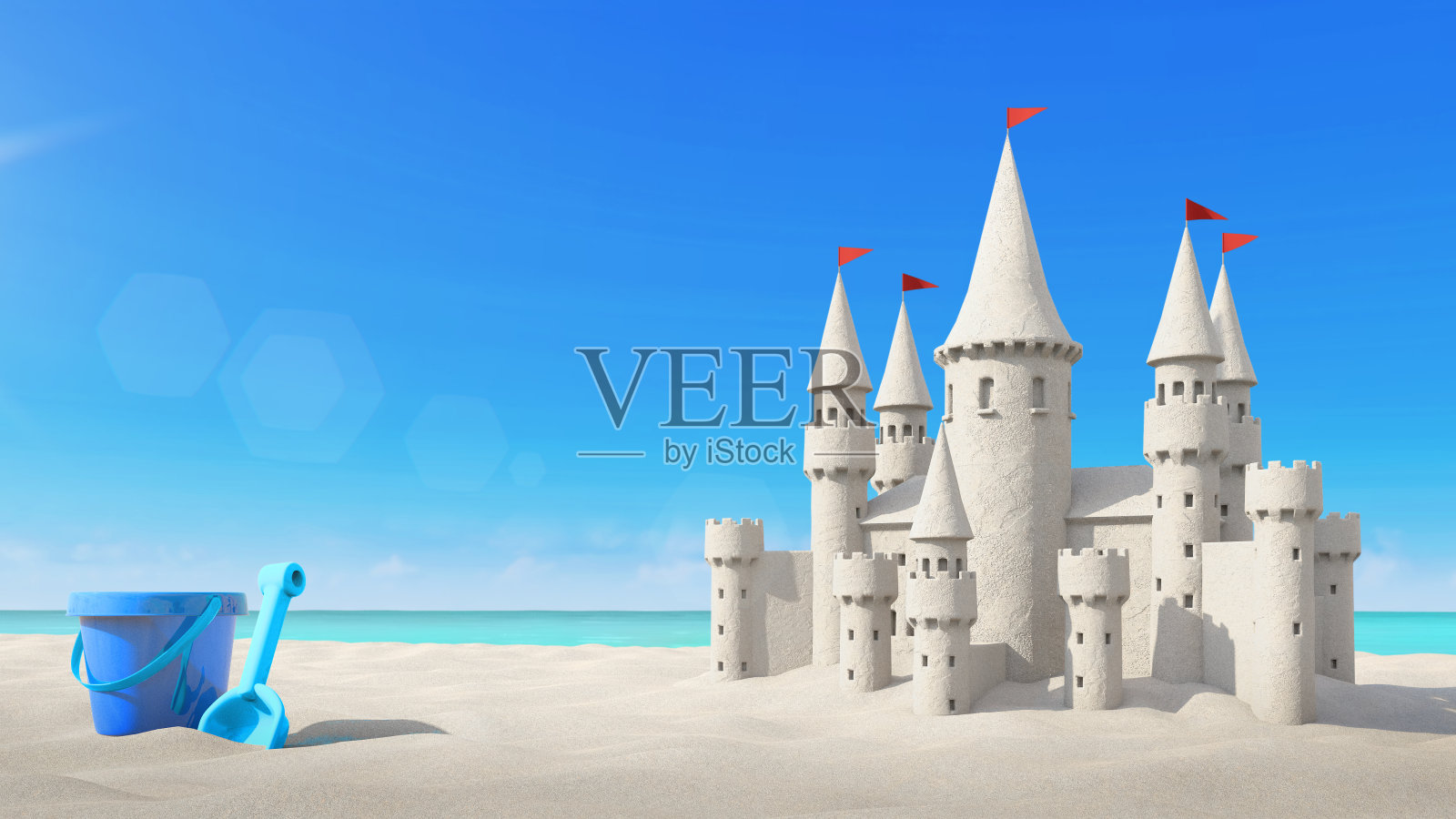 沙滩城堡和玩具在明亮的天空。三维渲染照片摄影图片