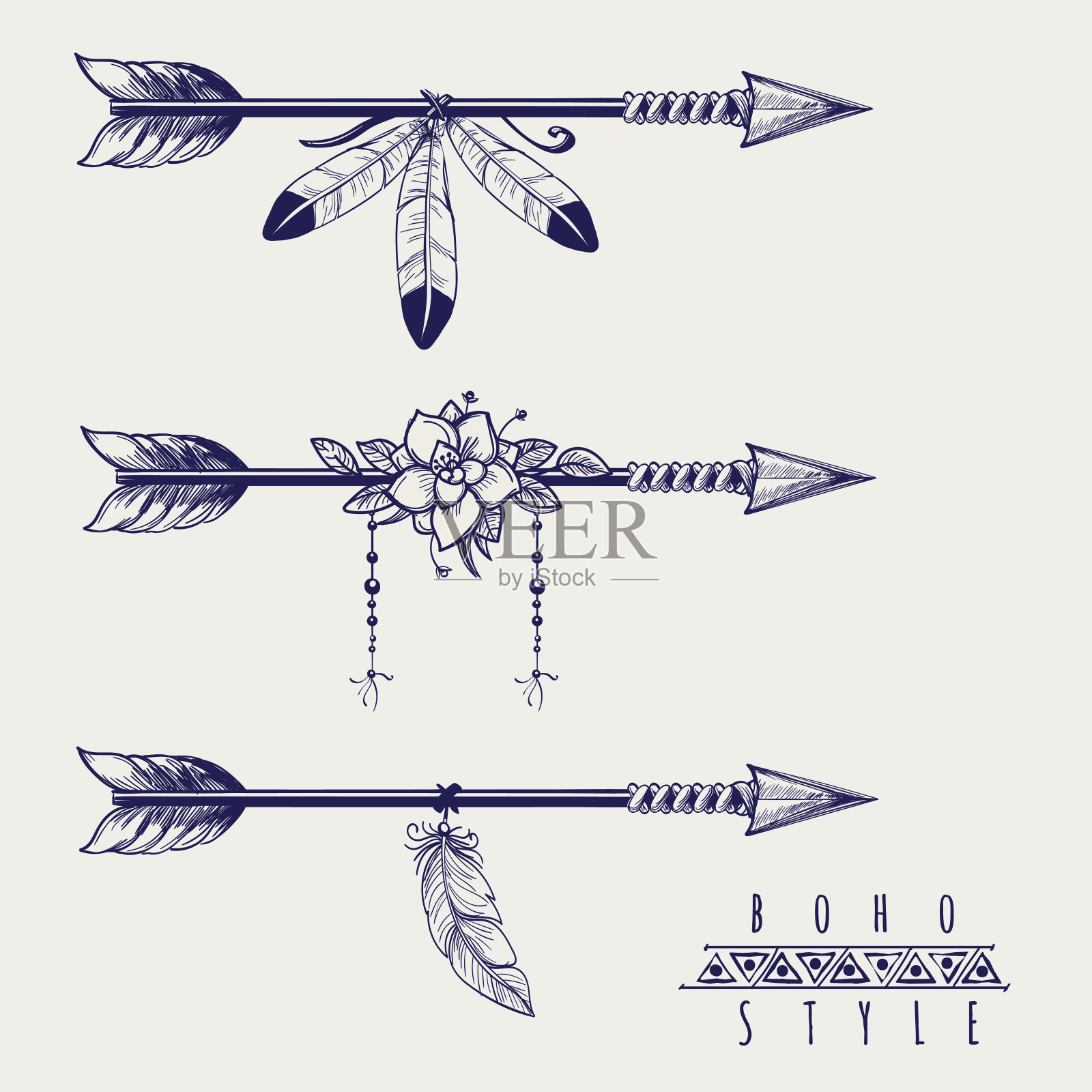 波西米亚风格的箭，羽毛和花朵插画图片素材