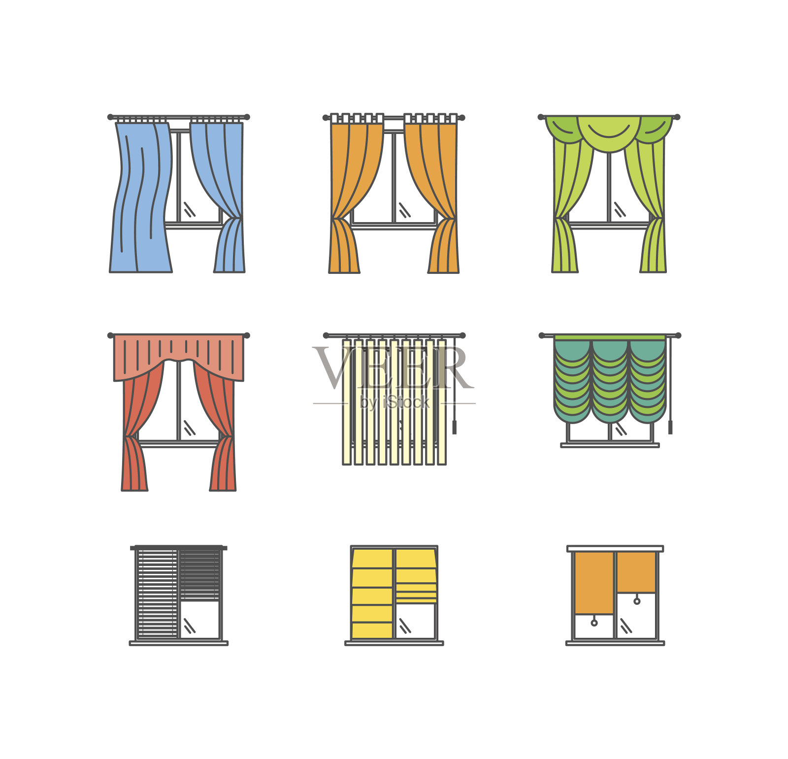 彩色窗帘类型细线设置。向量插画图片素材