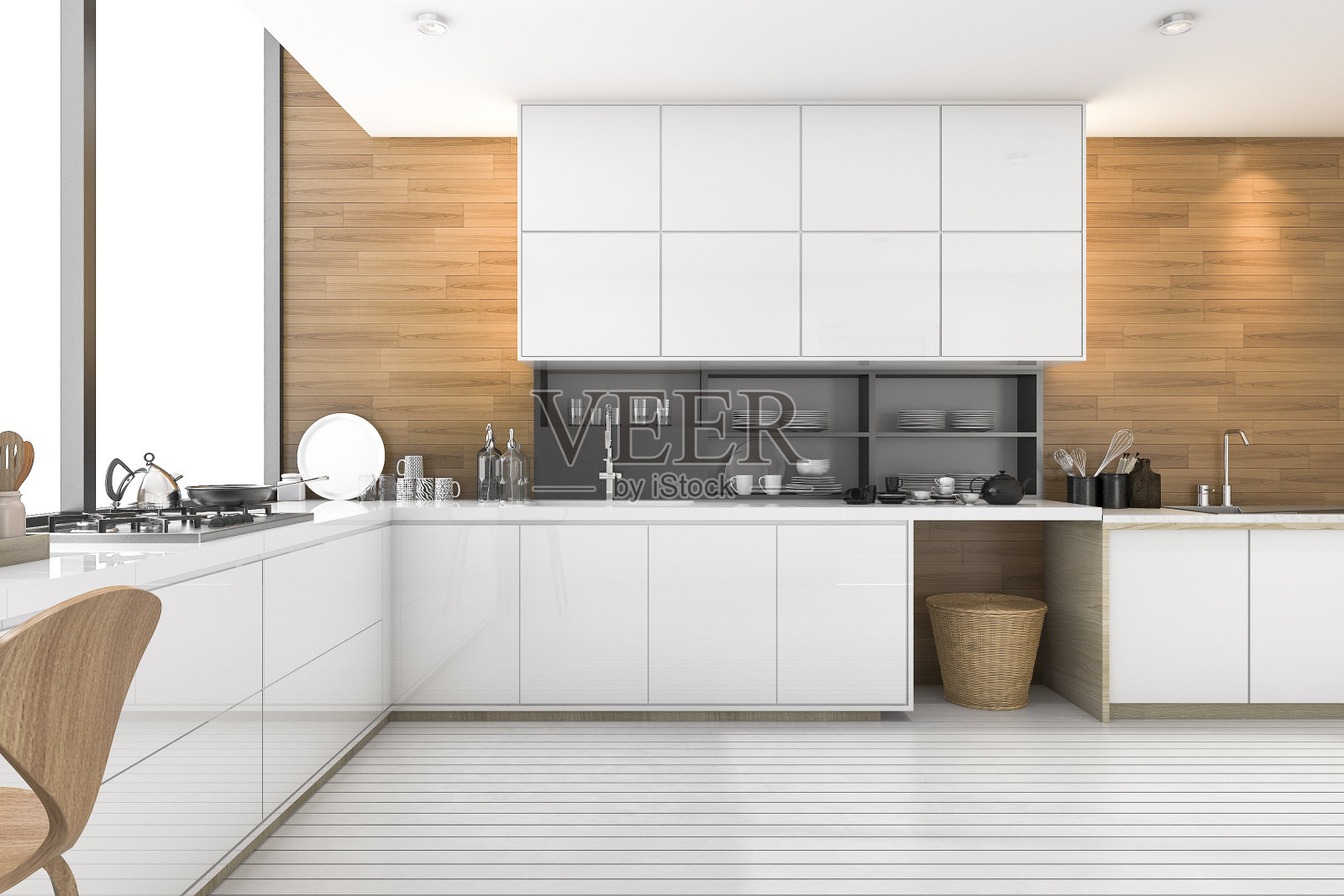 3d渲染漂亮的木质厨房阁楼设计照片摄影图片
