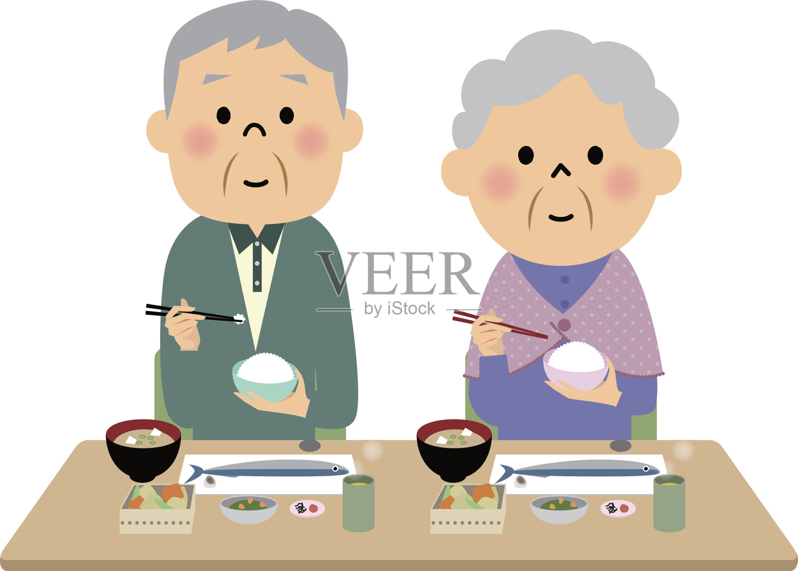 这对老夫妇正在吃饭插画图片素材