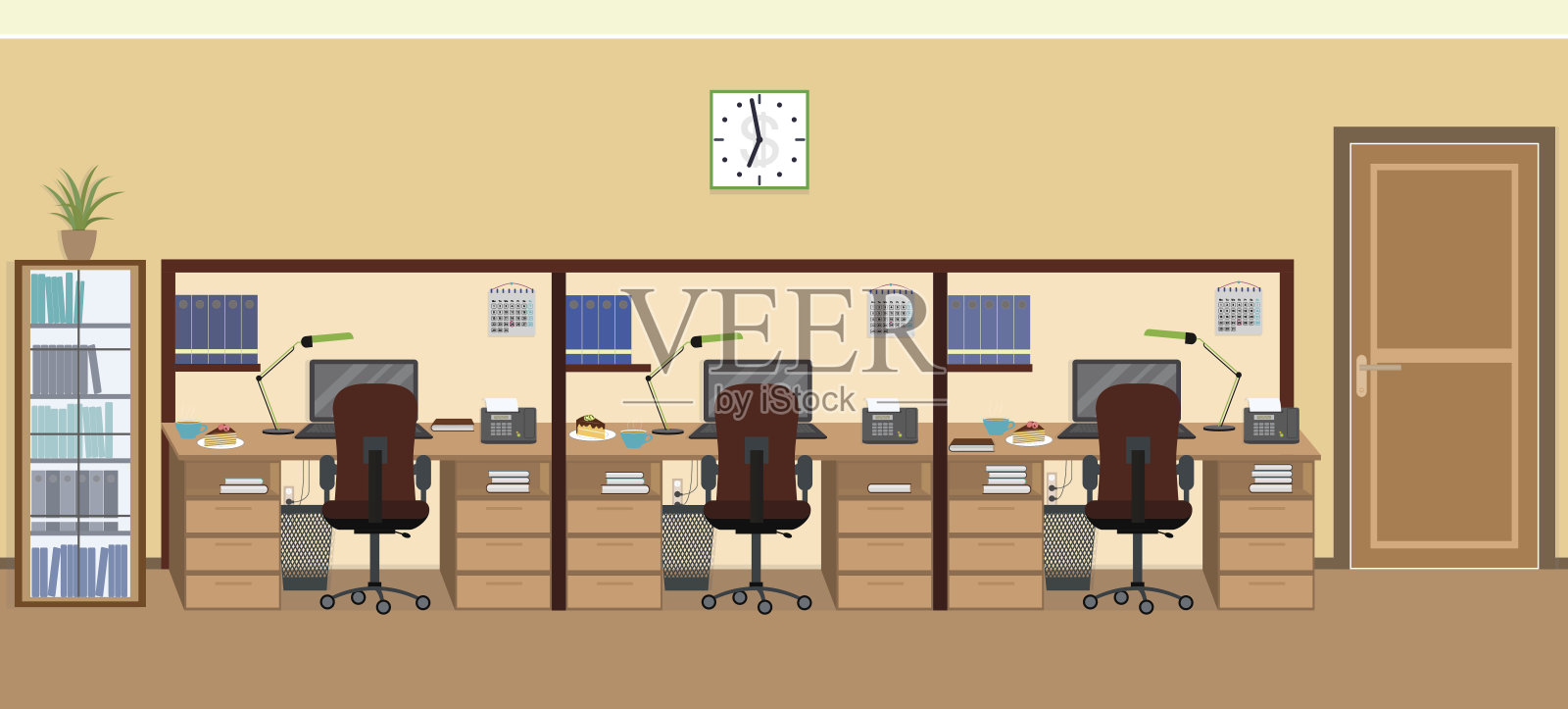 办公室内部包括三个独立的工作空间和家具。插画图片素材