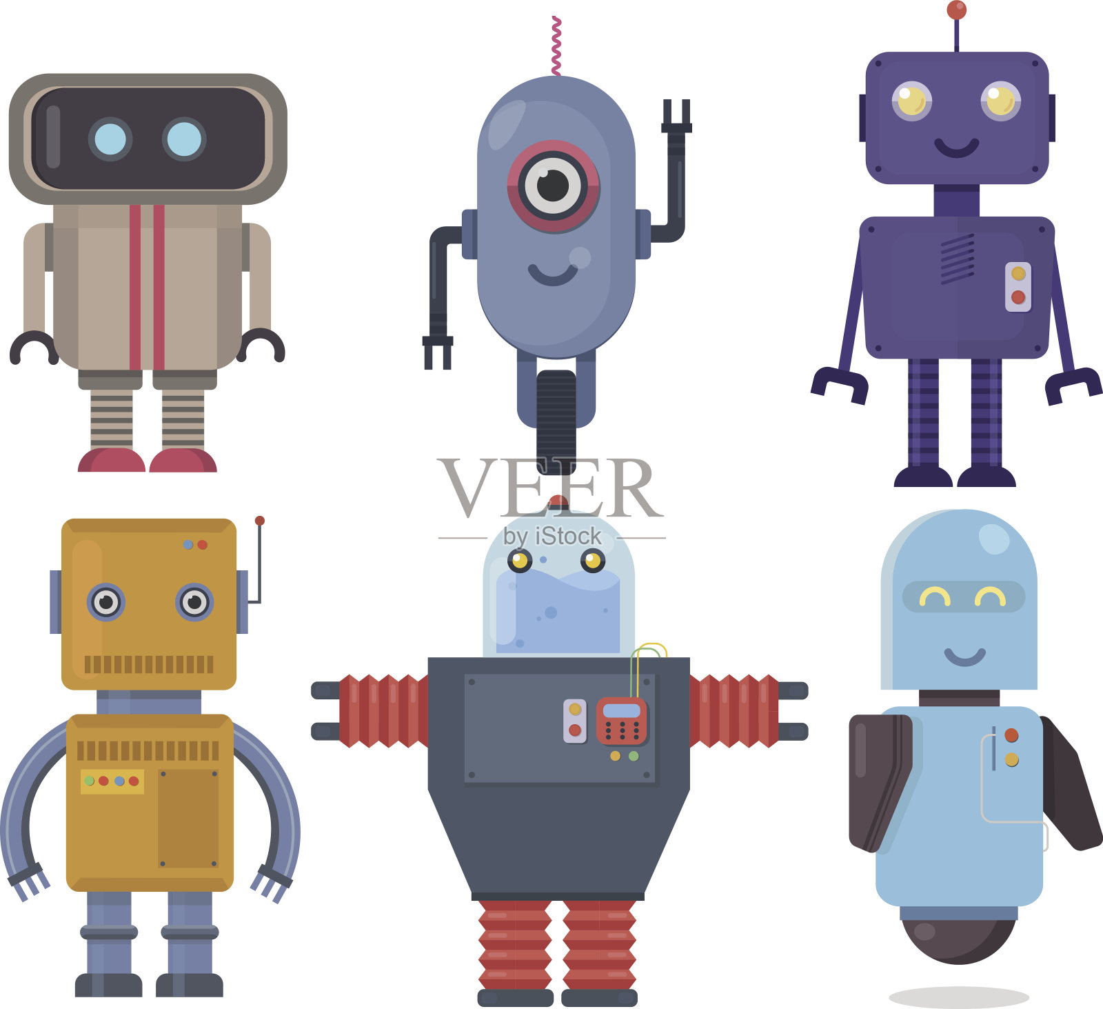 孤立的机器人。收藏未来元素图标人物、卡通机器人插画图片素材