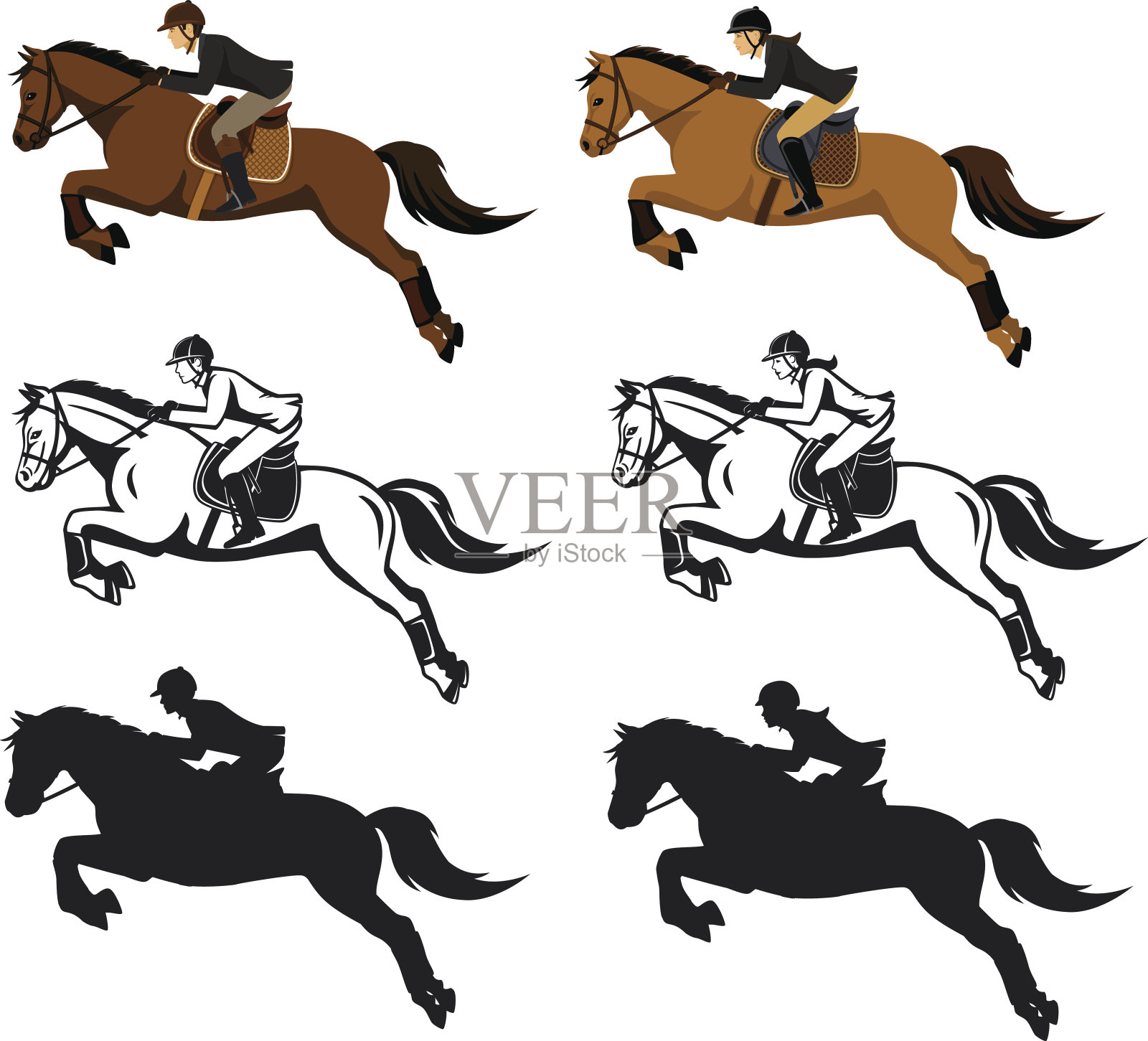 男人和女人骑马跳跃马组插画图片素材