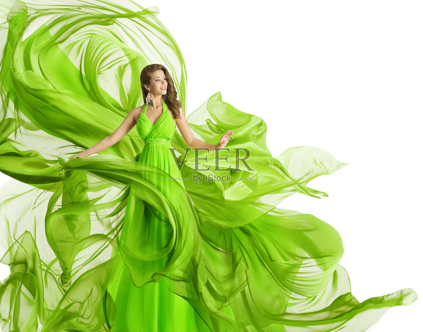 时尚女人飞行裙，绿色长袍挥舞雪纺织物，白色照片摄影图片