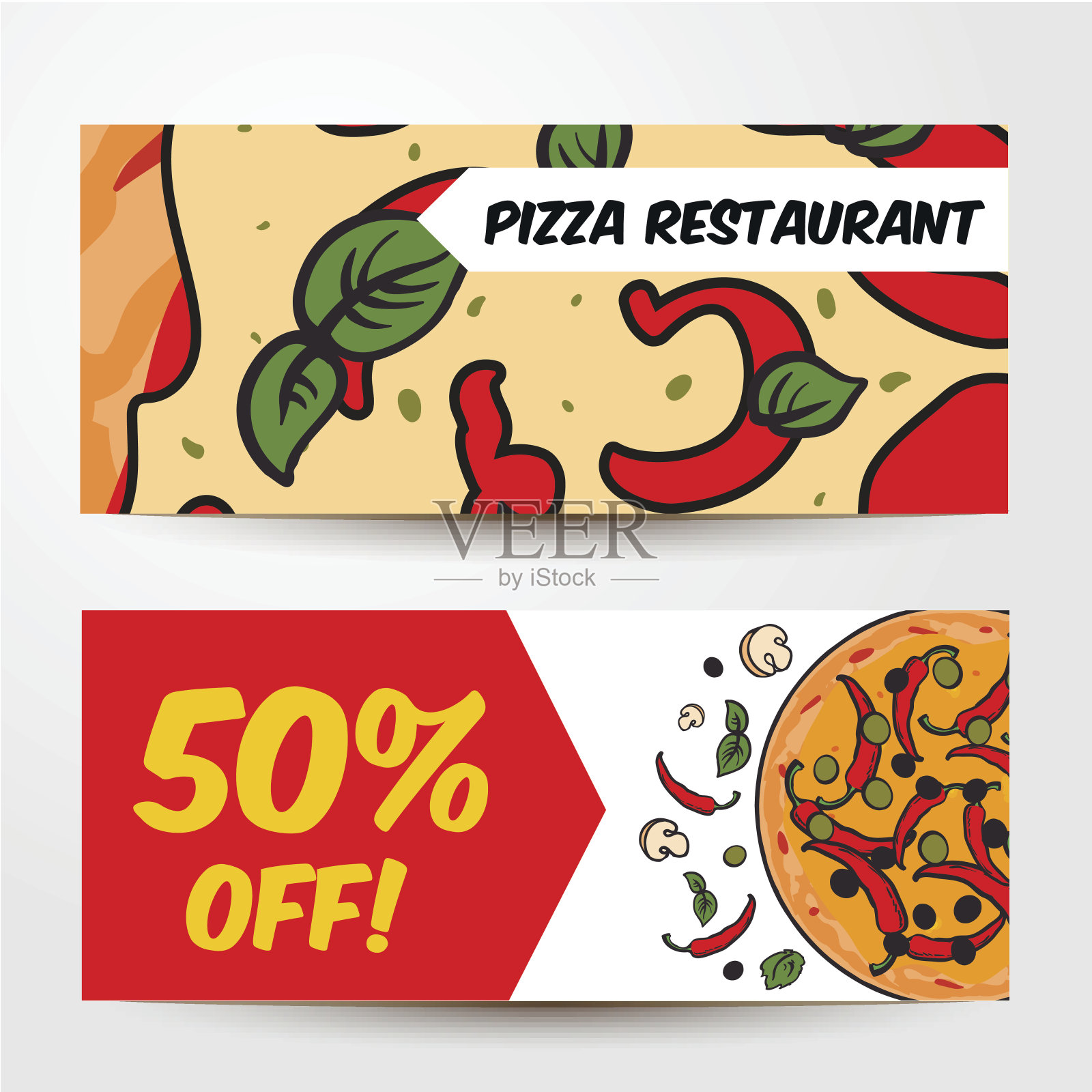 两个横横幅上写着披萨配料——辣椒，蘑菇，橄榄设计模板素材
