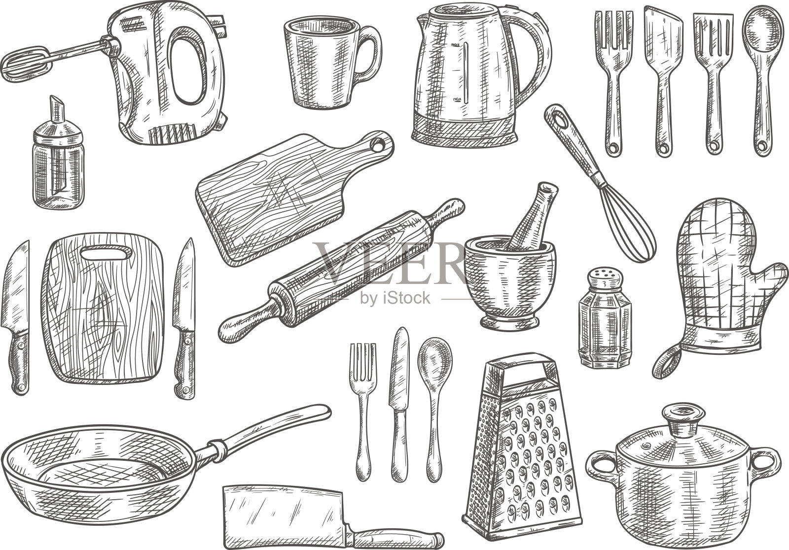 厨房用具和电器孤立的草图插画图片素材