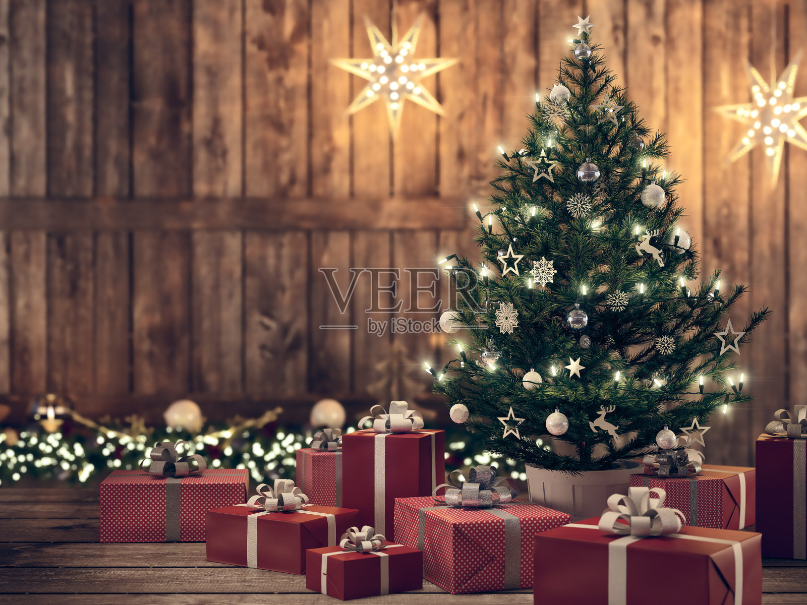 美丽的礼物与圣诞树。三维渲染照片摄影图片