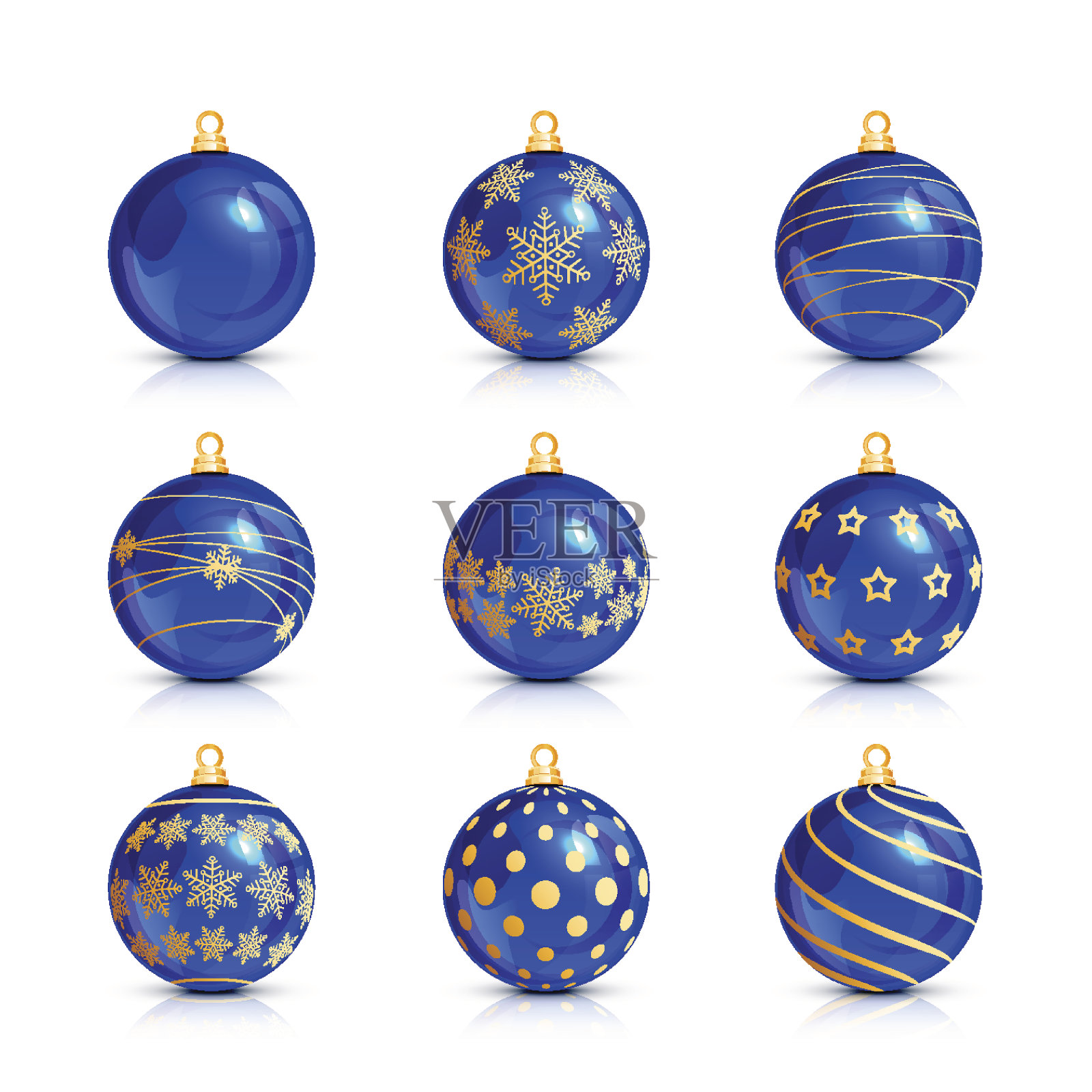 一套蓝色的圣诞球与金色的图案插画图片素材