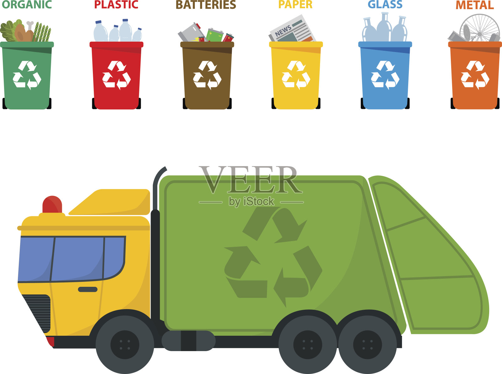 不同颜色的回收箱和垃圾车矢量图插画图片素材
