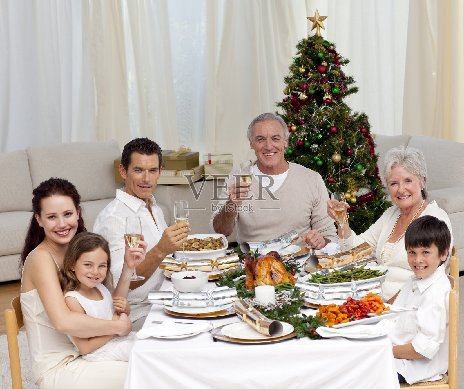 在圣诞晚宴上一家人用白葡萄酒敬酒照片摄影图片