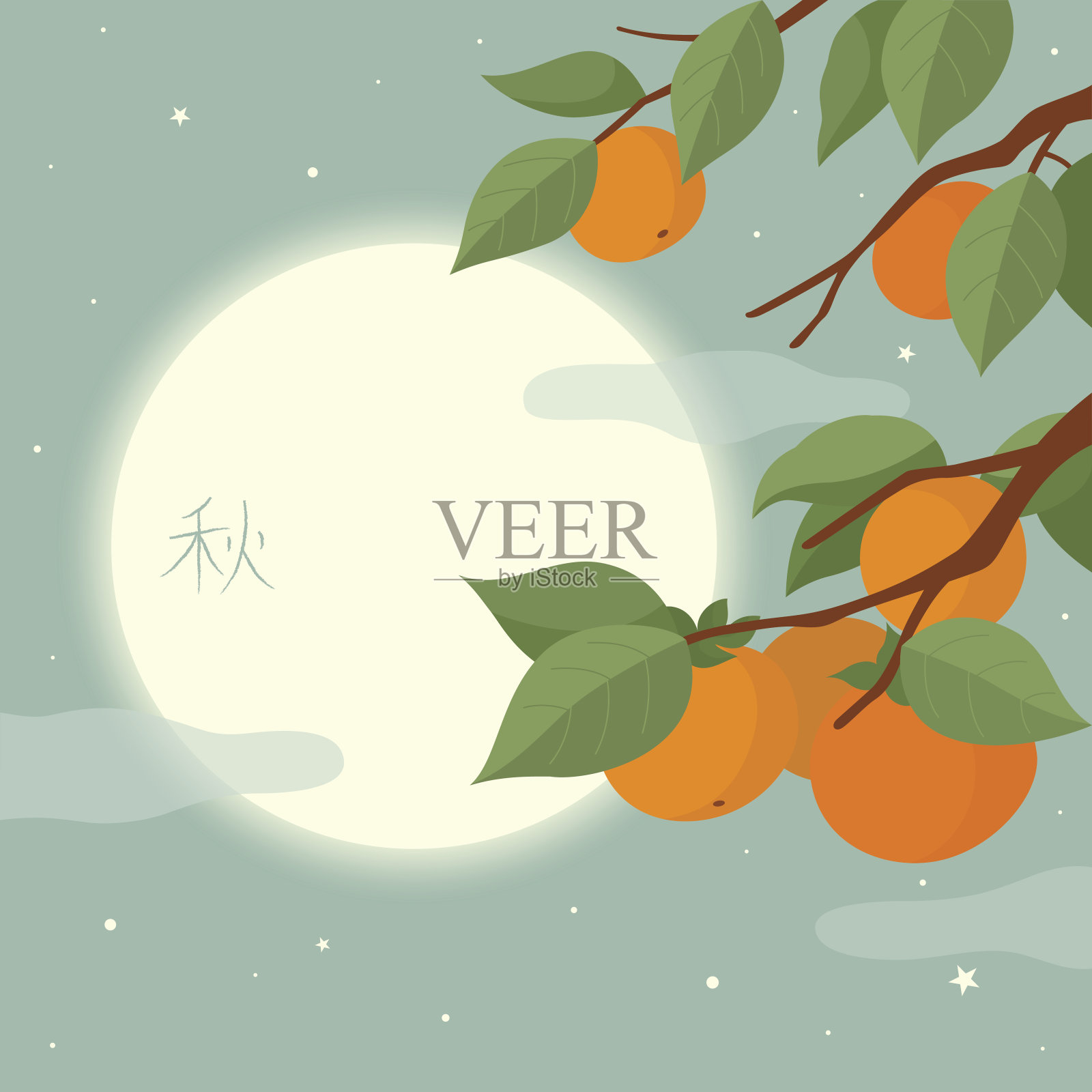 满月和柿子树。中秋节背景插画图片素材