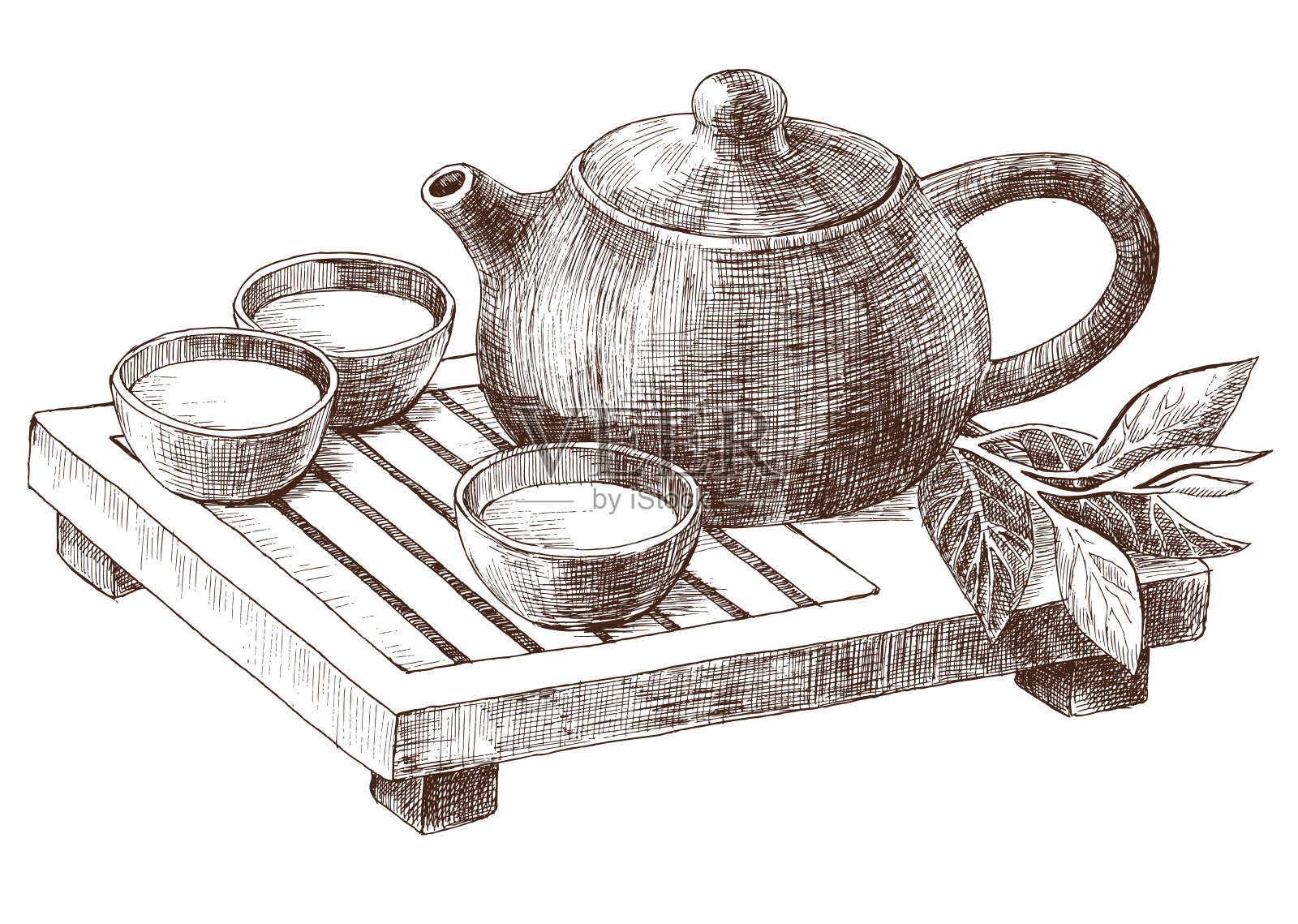 为中国茶道而设置的传统陶壶和壶插画图片素材