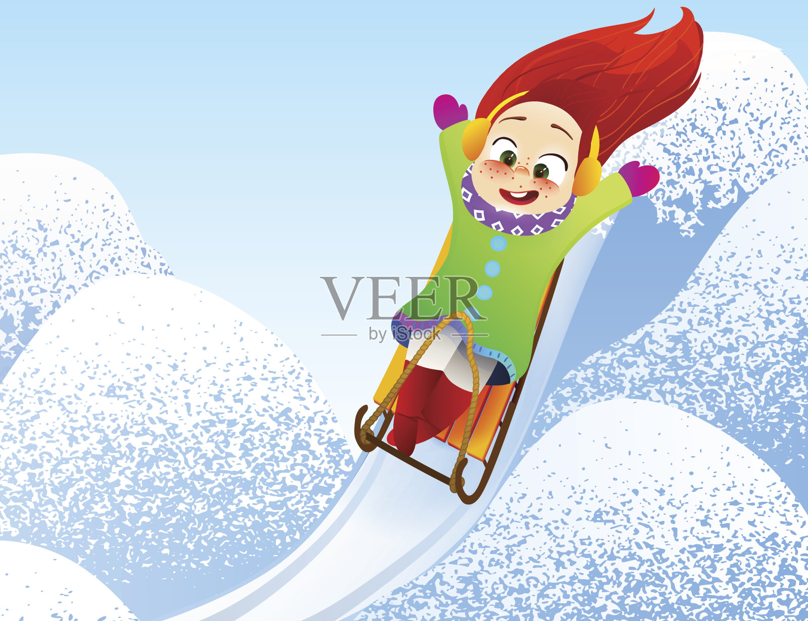 小女孩玩雪橇。孩子们在户外雪中玩耍。圣诞假期。插画图片素材