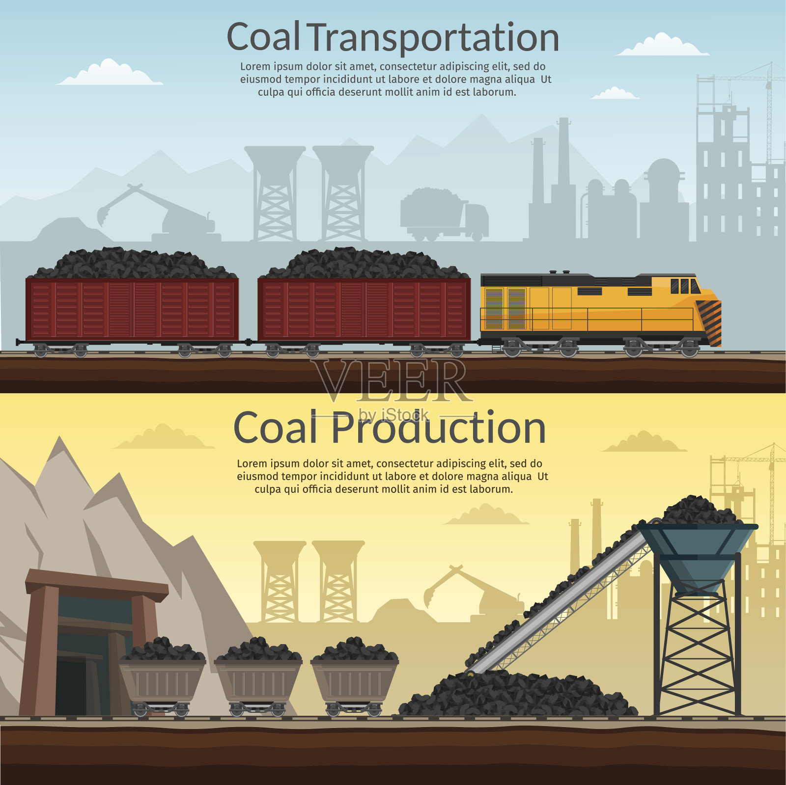 煤矿工业和交通运输集信息图元素孤立向量插画图片素材
