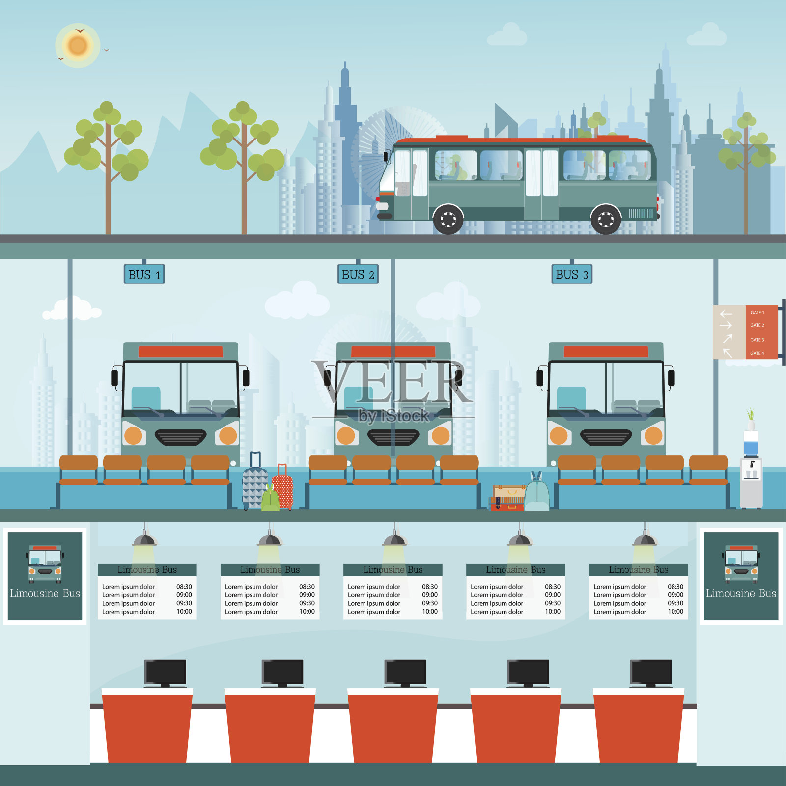 巴士终点站，巴士巴士，巴士巴士，柜台服务和等待巴士。插画图片素材