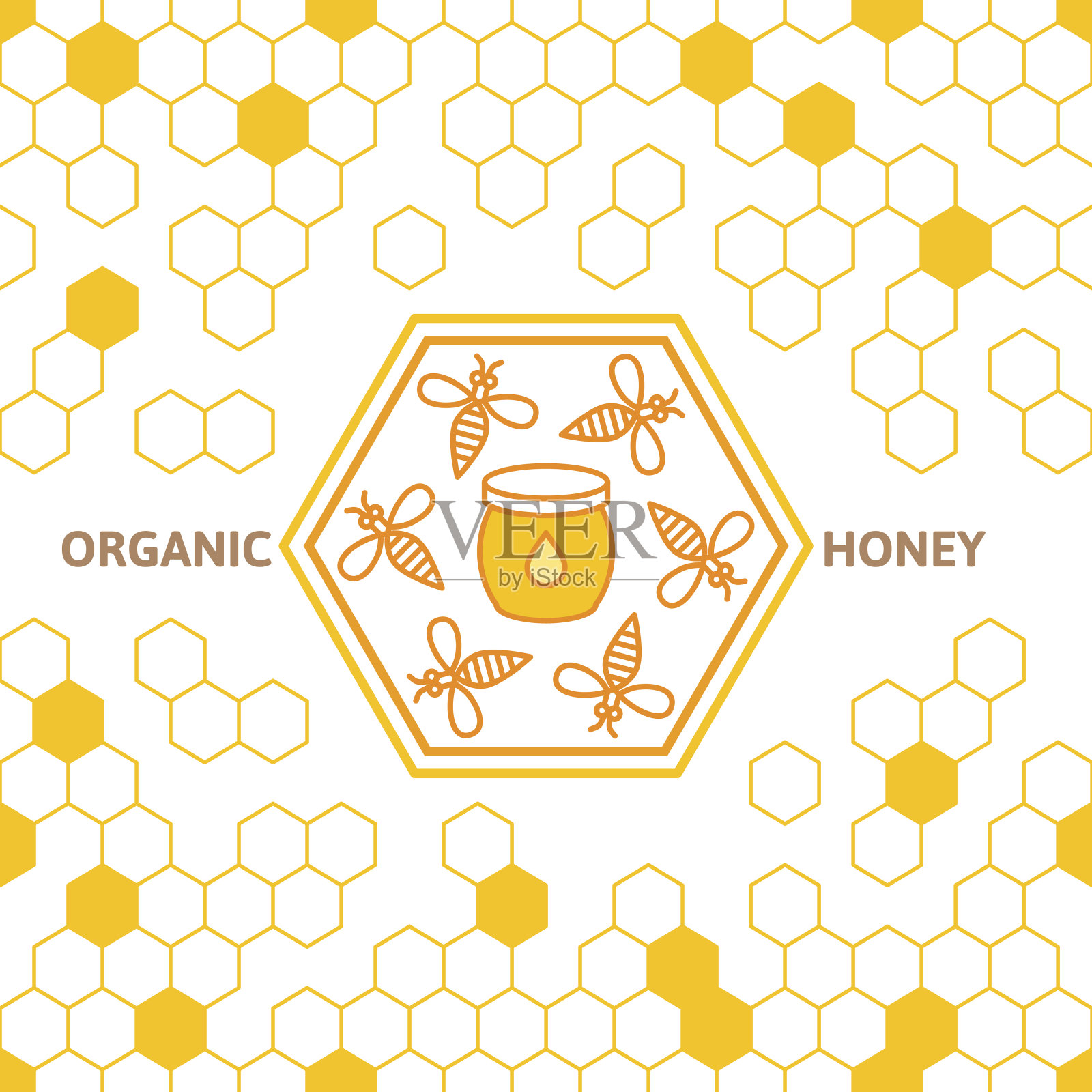 轮廓蜜蜂矢量符号和无缝背景与蜂巢。插画图片素材