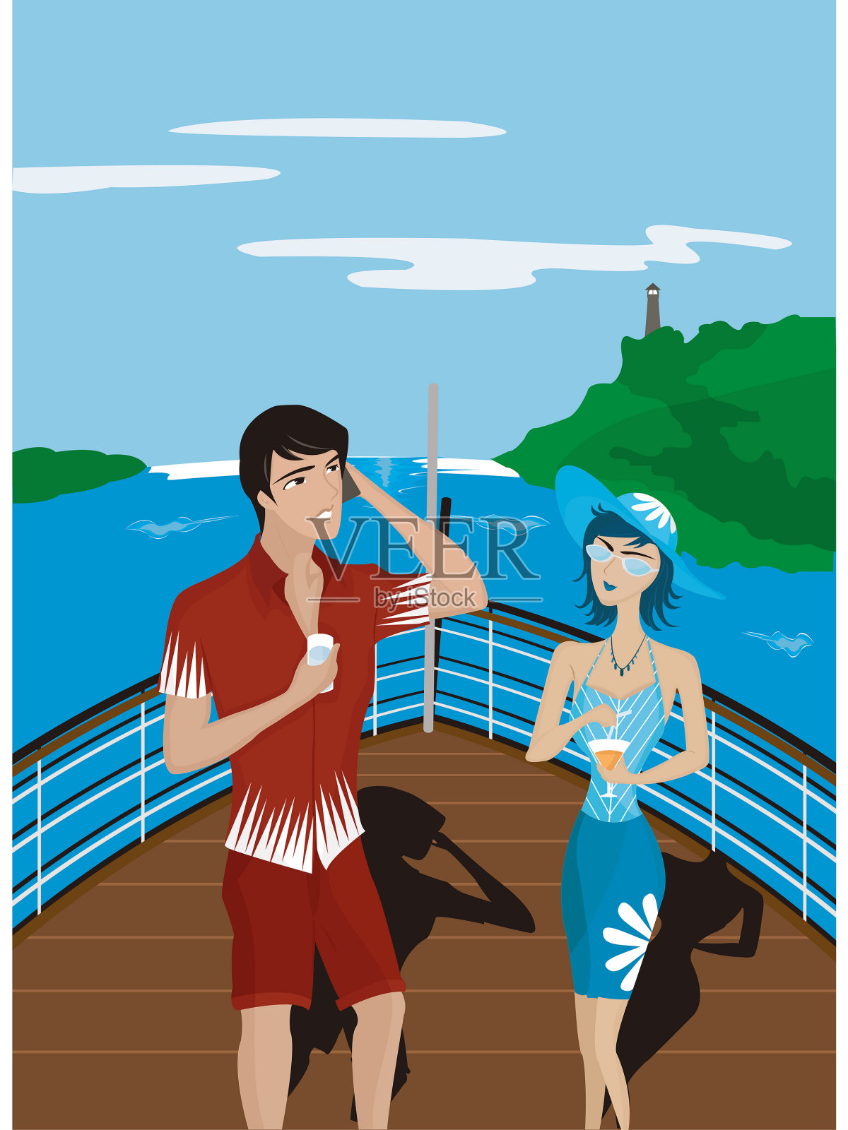 一个男人和一个女人在甲板上插画图片素材