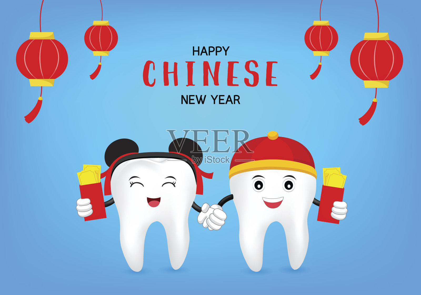 可爱的卡通牙齿与中国新年元素。插画图片素材