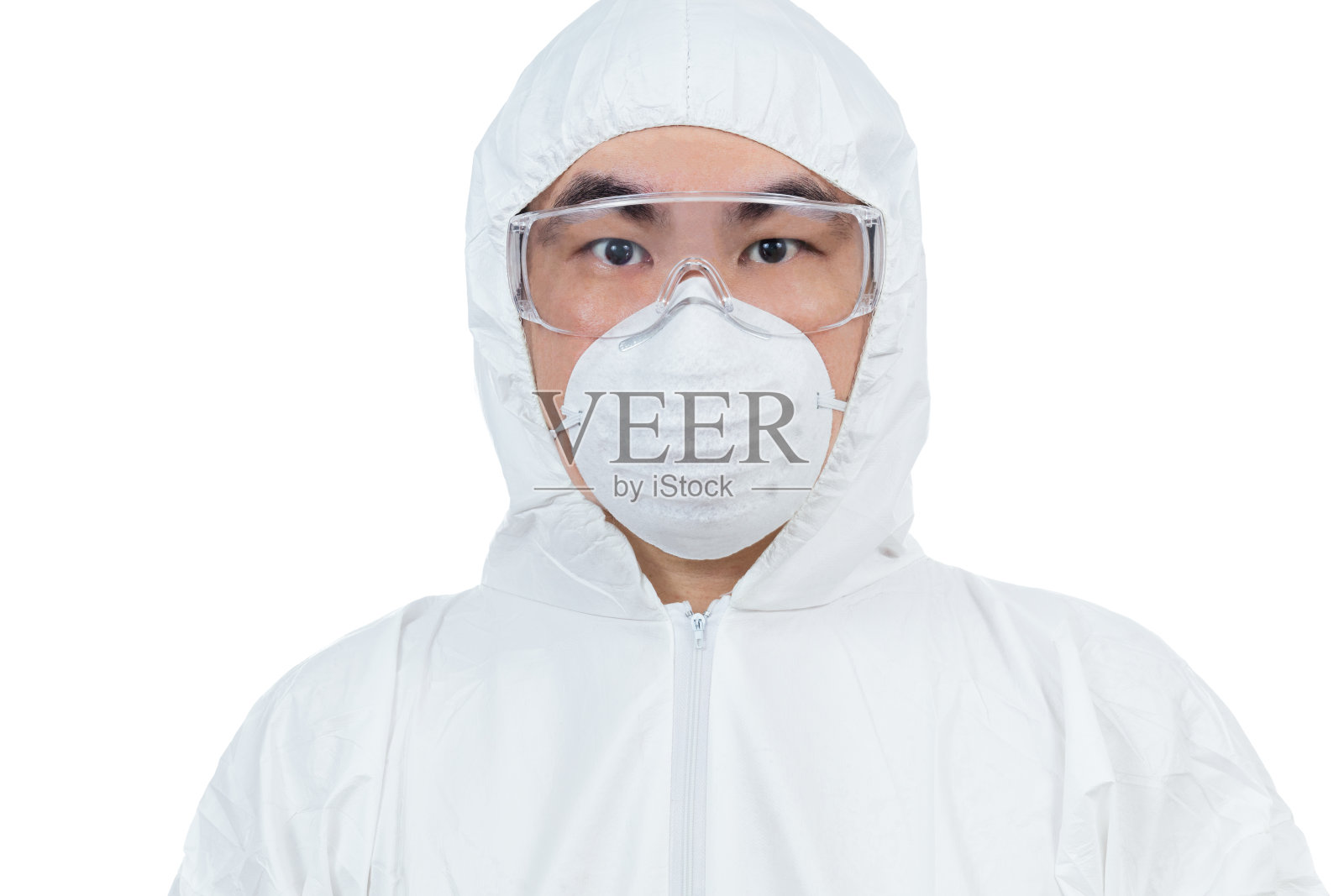 穿着防护服的亚洲华人科学家戴着眼镜和呼吸器照片摄影图片