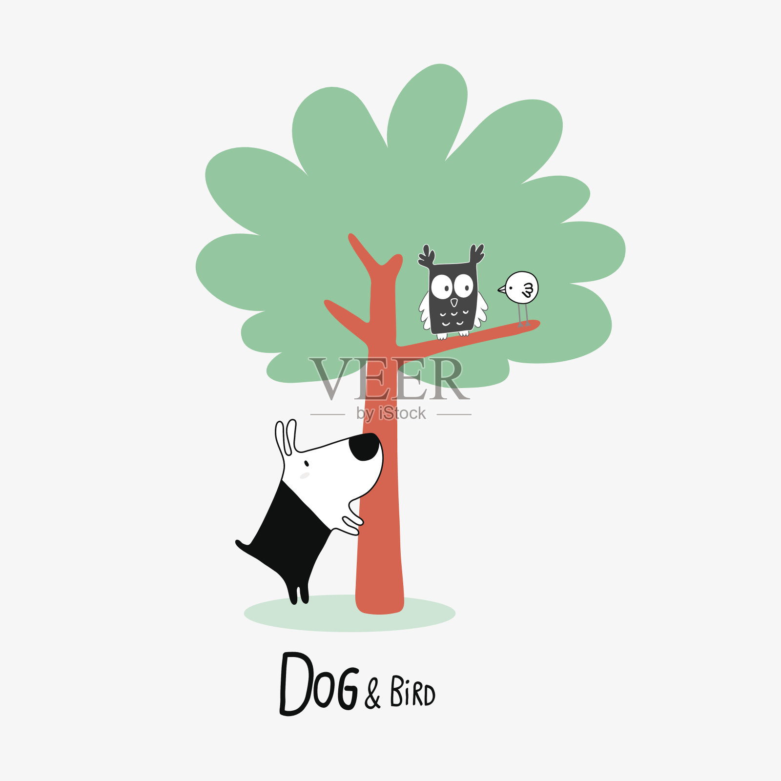 狗和鸟在自然界与猫头鹰，矢量插图插画图片素材