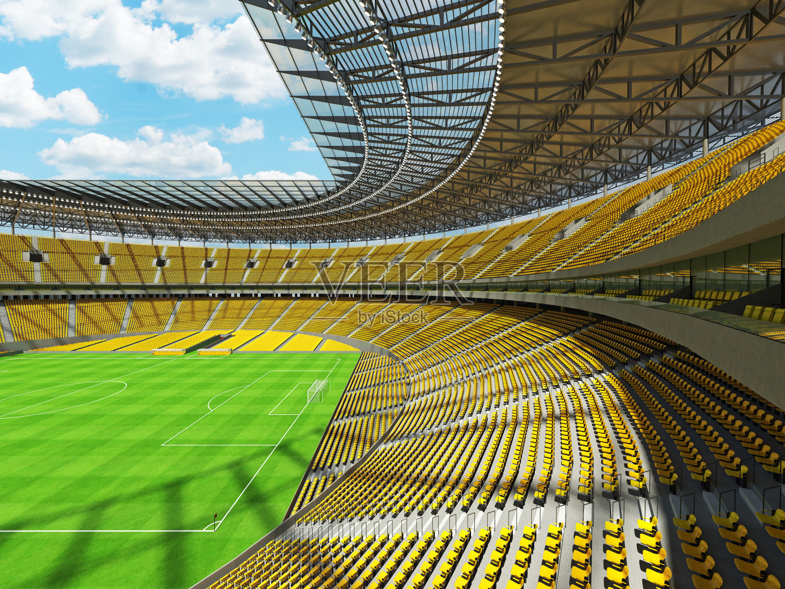 圆形的足球场，有黄色的座位照片摄影图片