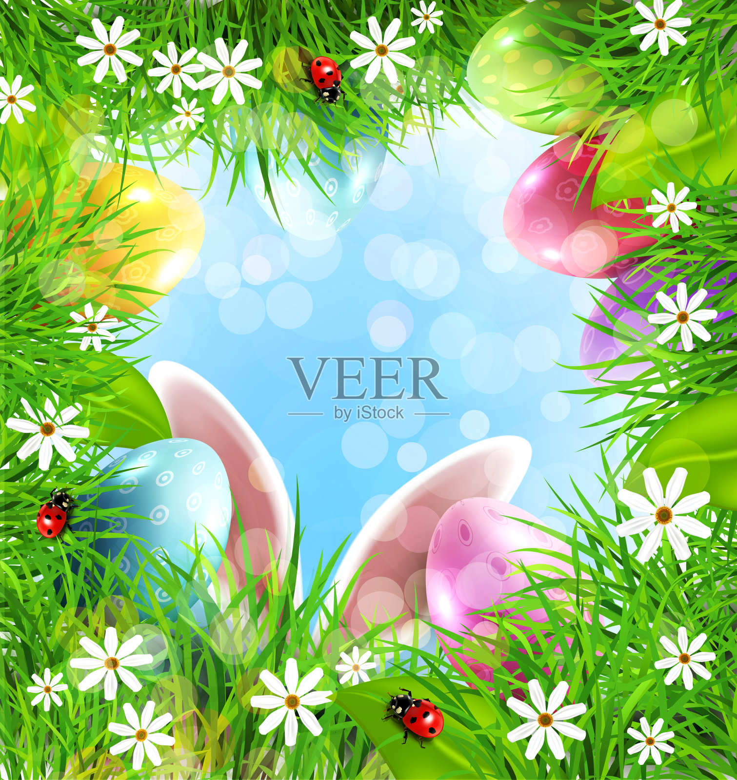 复活节背景有兔子耳朵、鸡蛋、草和蓝天。插画图片素材