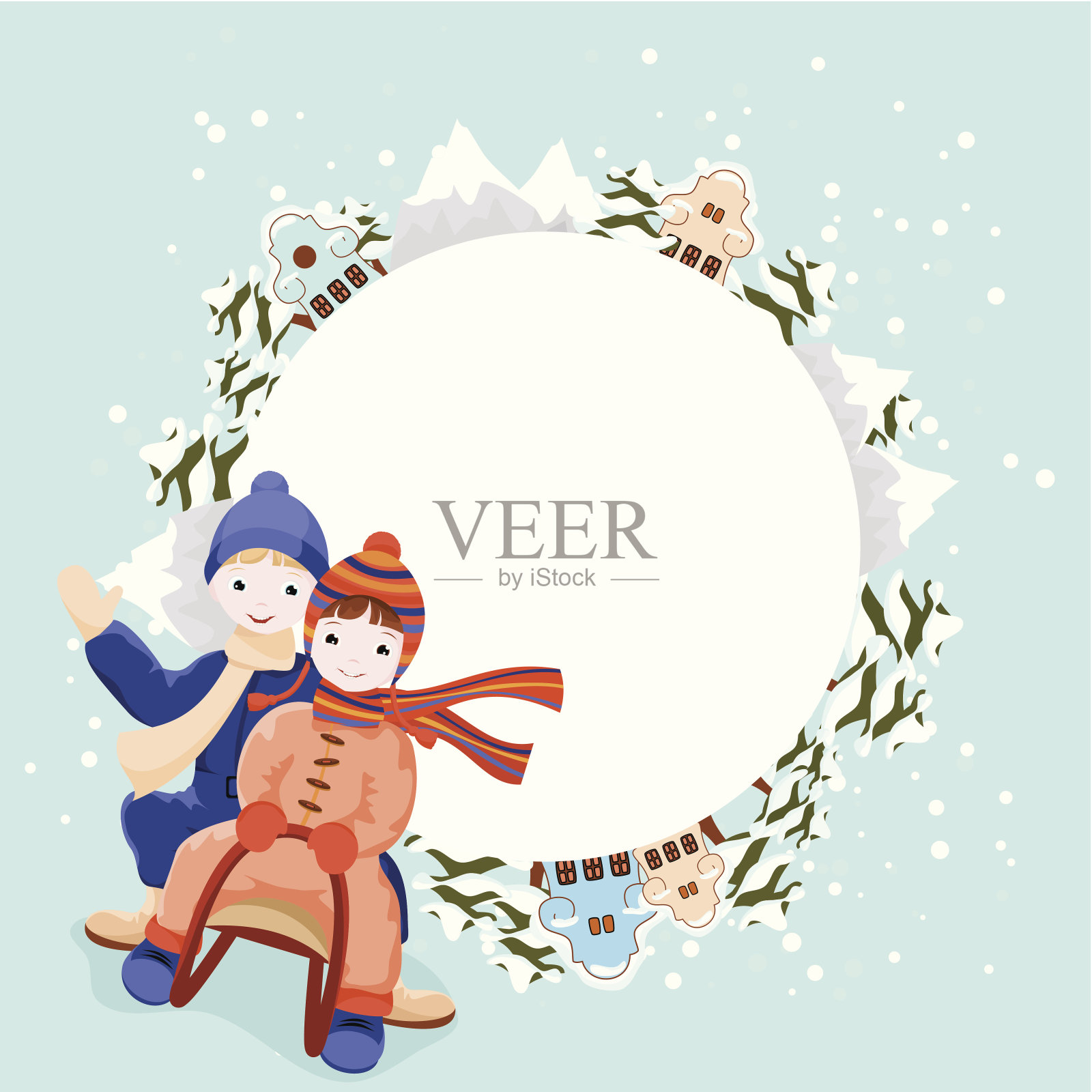 冬天的背景与孩子们坐雪橇插画图片素材