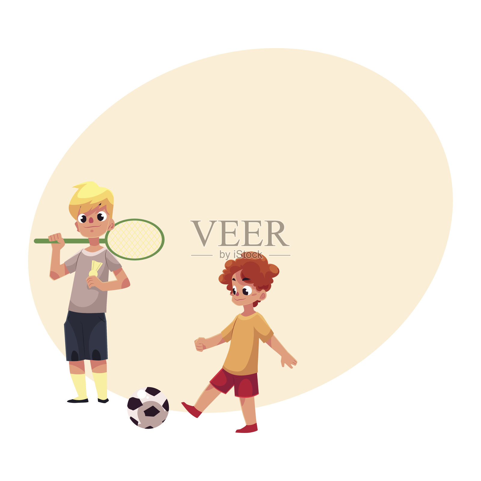 两个男孩在操场上打羽毛球和踢足球插画图片素材