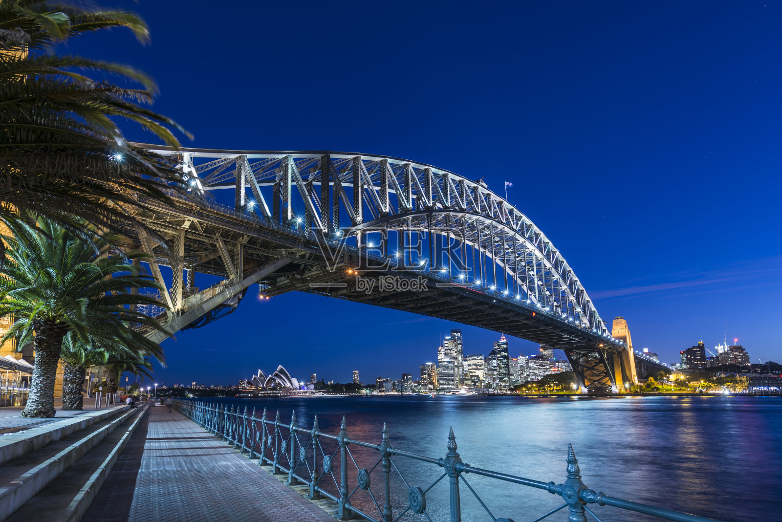 悉尼海港大桥和城市景观照明在黄昏，澳大利亚照片摄影图片