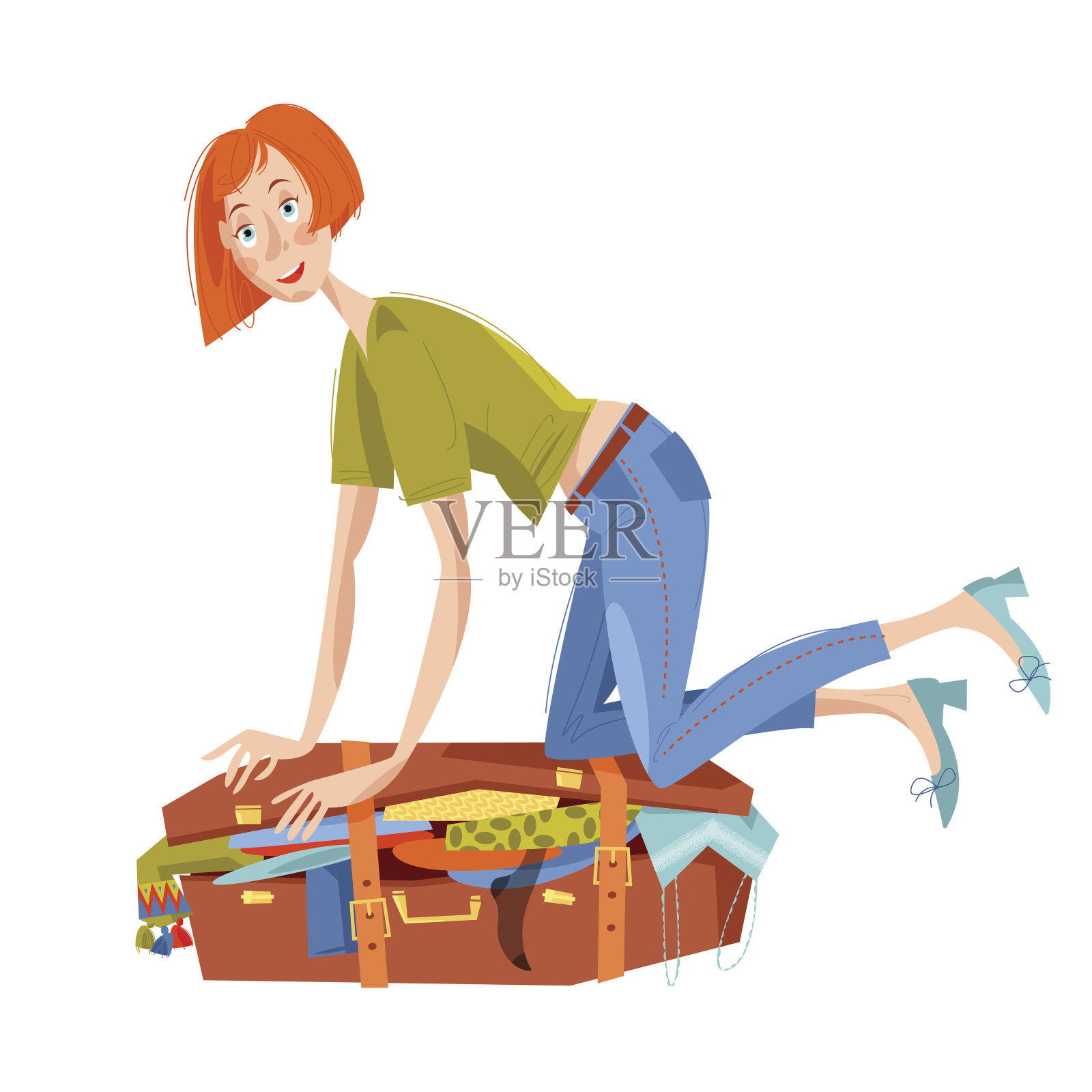 一个年轻女子坐在溢出的行李箱上试图合上它。为旅行做准备。旅行的概念。插画图片素材