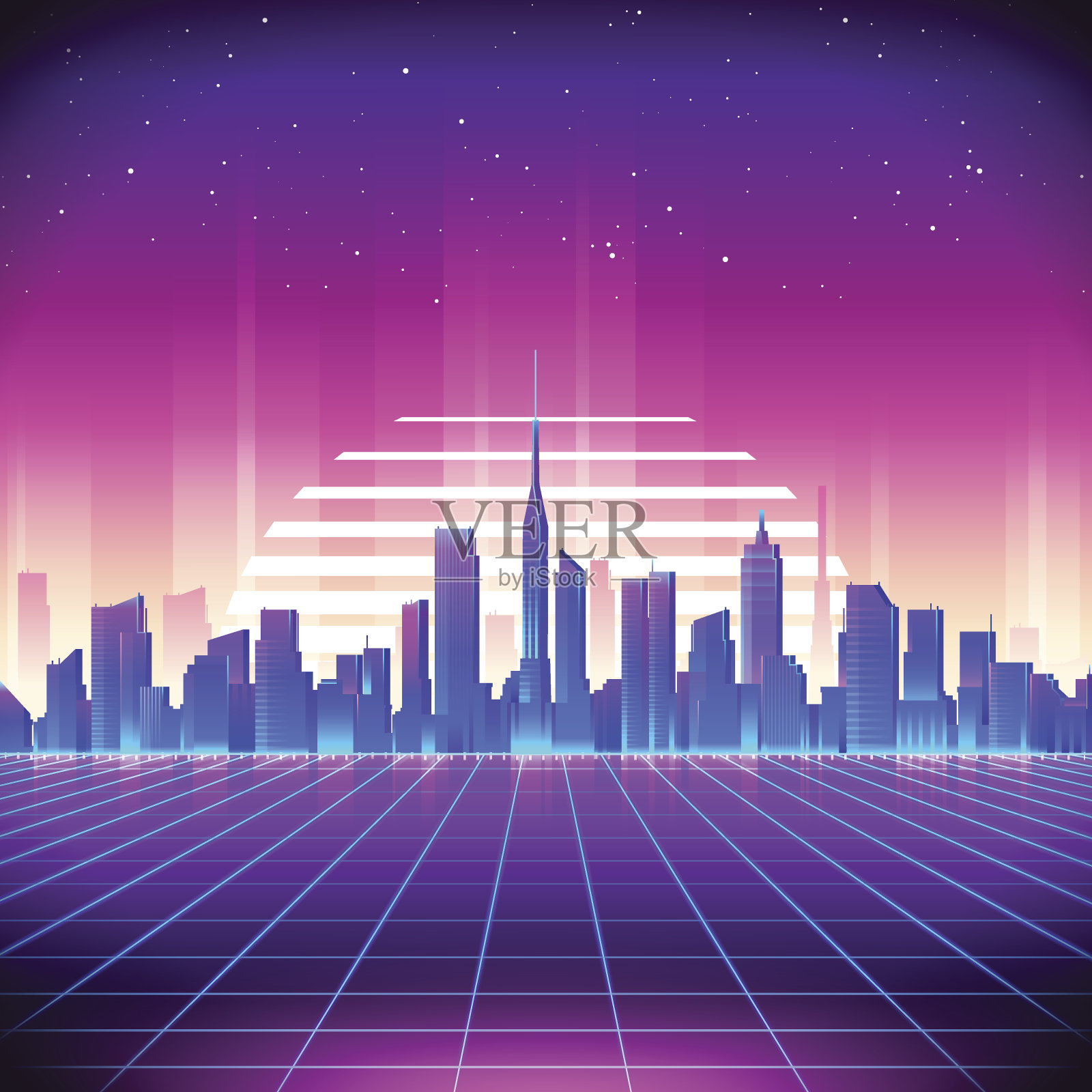 80年代复古科幻背景与霓虹灯城市插画图片素材