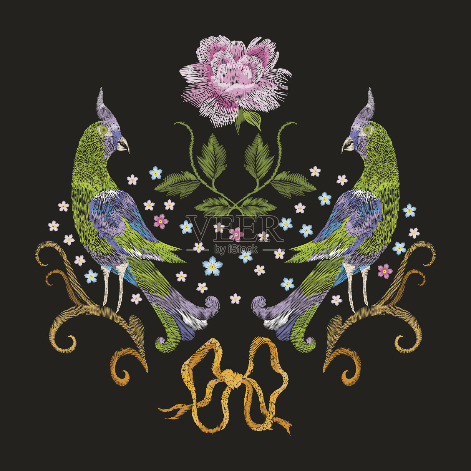 刺绣彩色花卉图案与幻想爱情鸟。插画图片素材