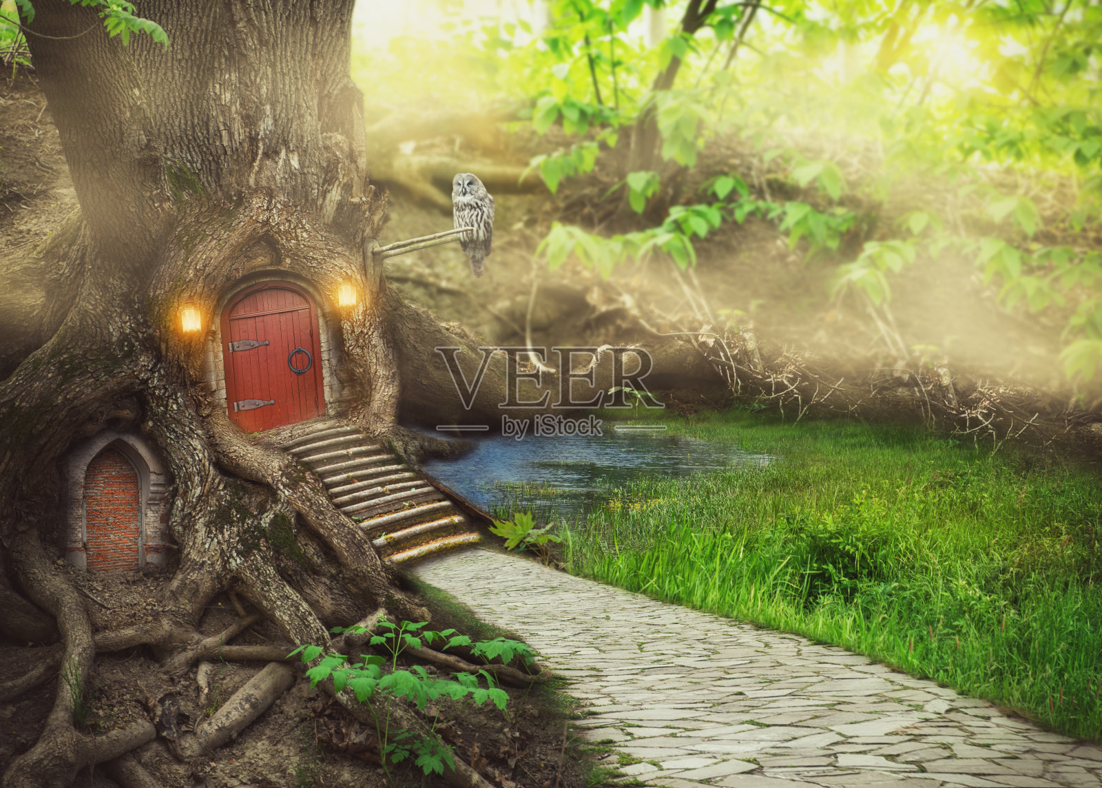 幻想森林里的仙女树屋插画图片素材