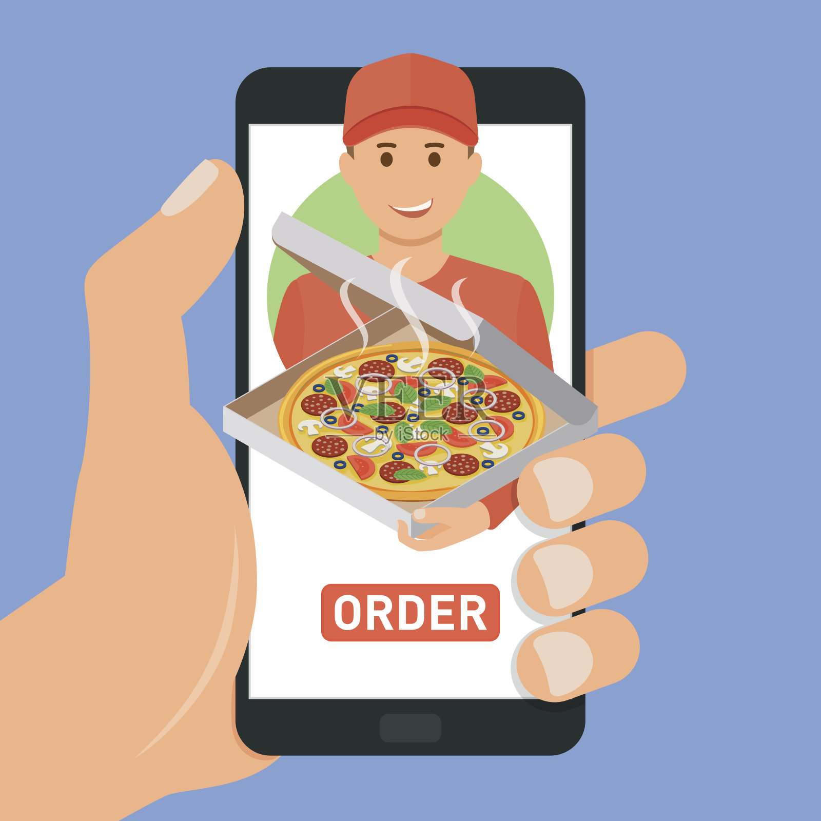 披萨外卖服务。用智能手机网购披萨插画图片素材