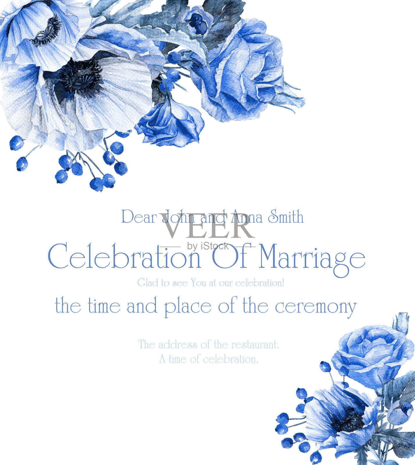 婚礼邀请与蓝色花卉角框架设计模板素材