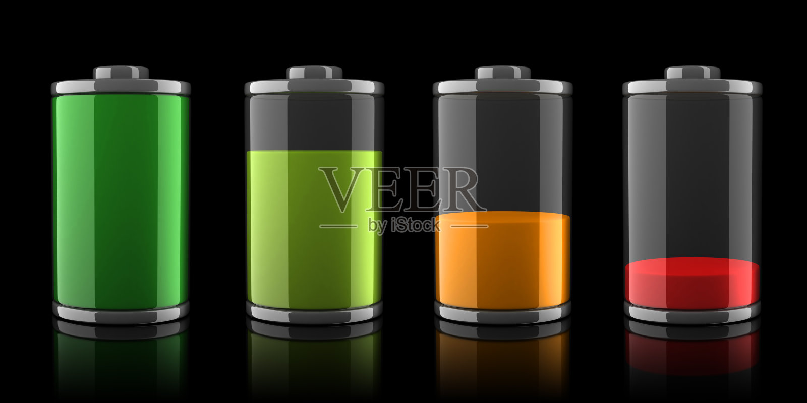 3d电池图标与不同的电量水平的黑色背景照片摄影图片