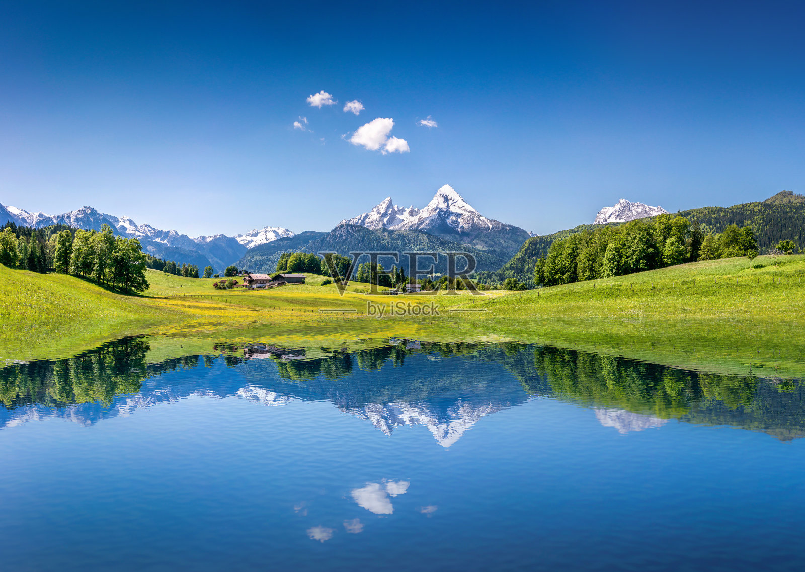 在阿尔卑斯山的山湖田园般的夏季景观照片摄影图片