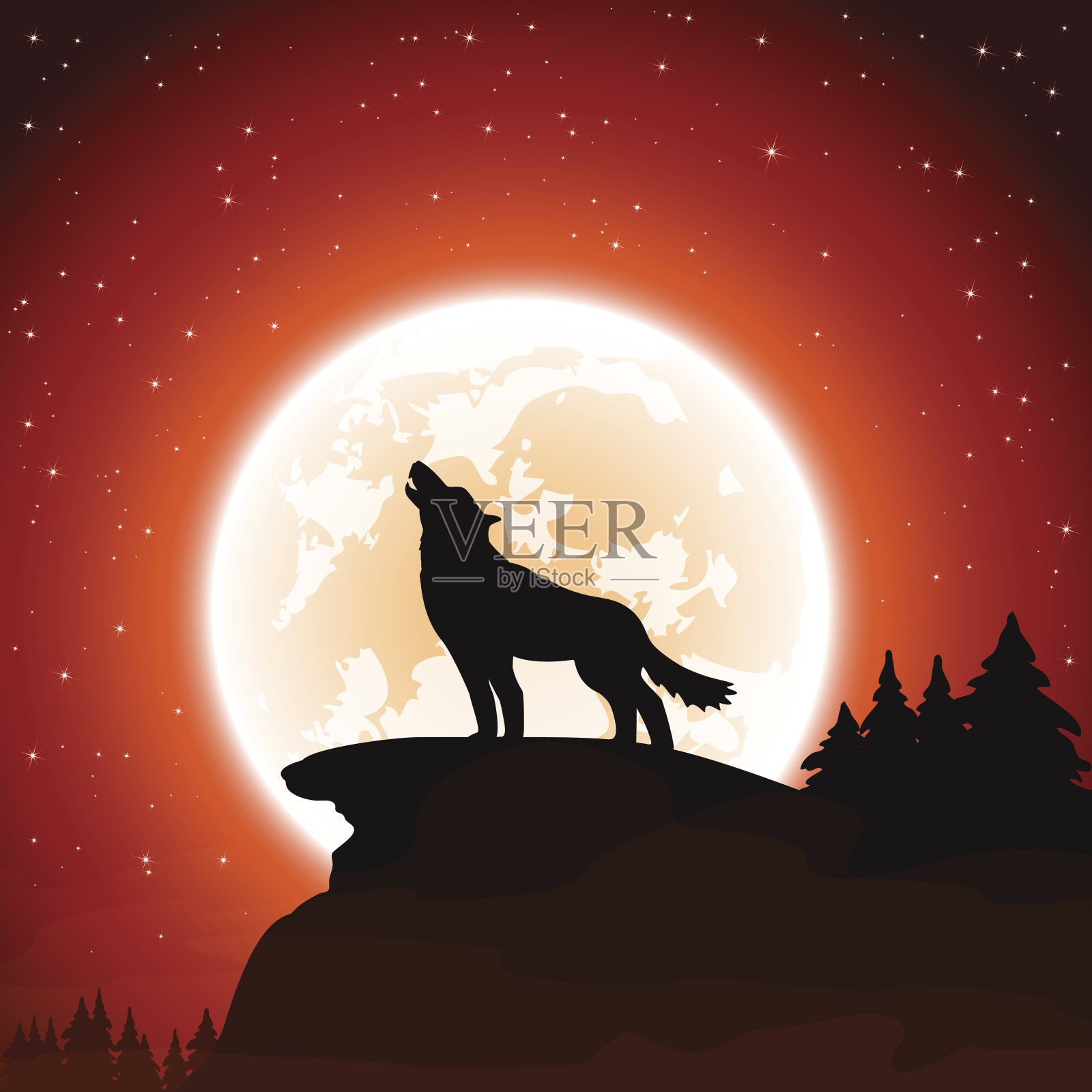 狼和月亮在天空的背景插画图片素材