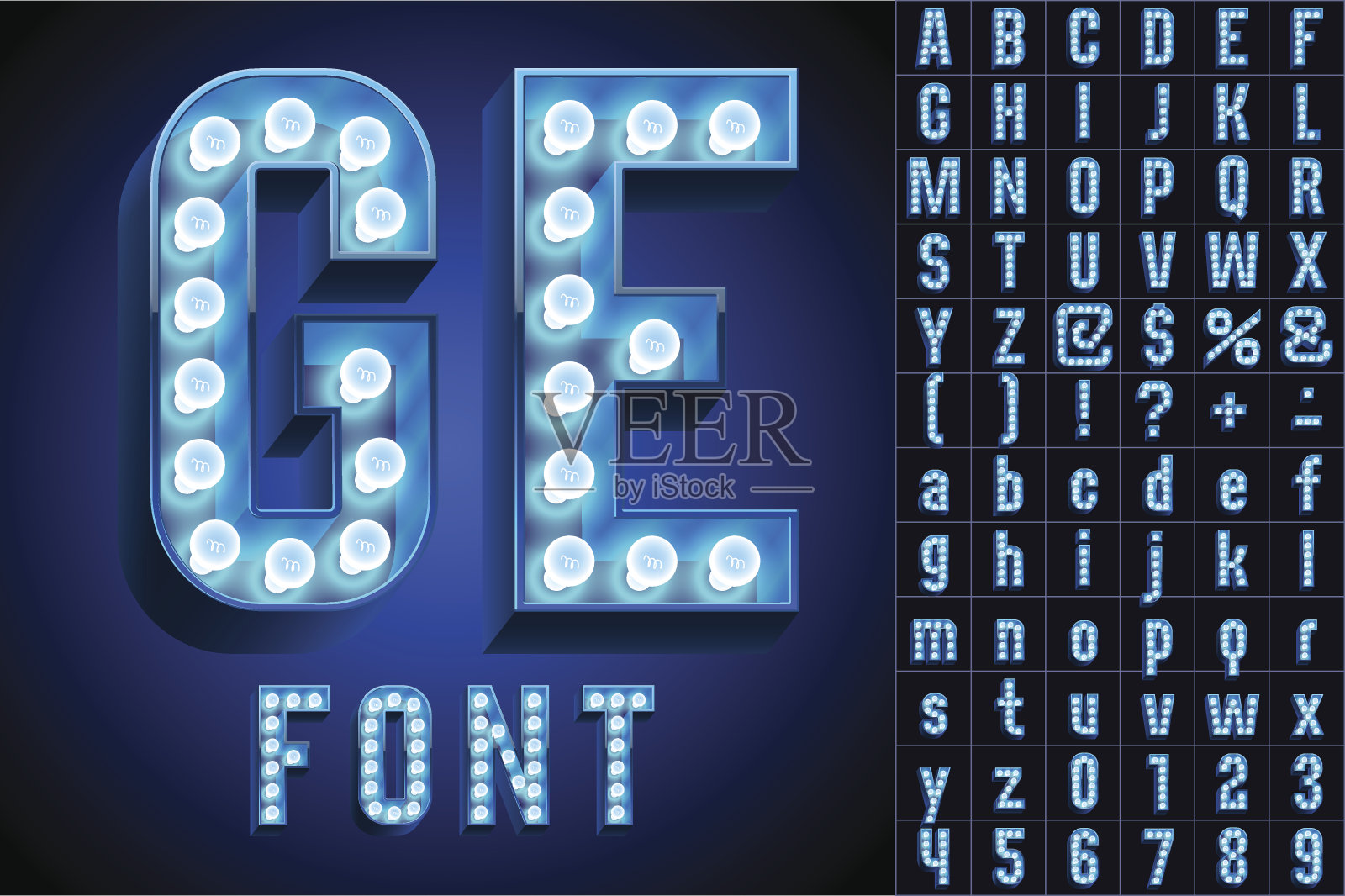 蓝色终极现实灯板字母表设计元素图片