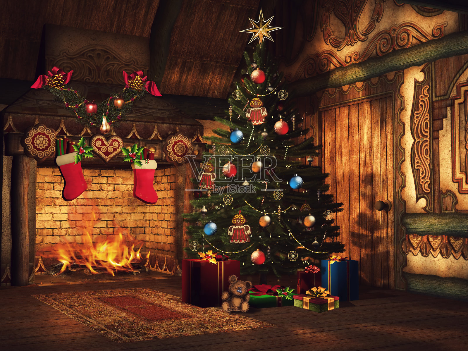 圣诞树，礼物和壁炉照片摄影图片