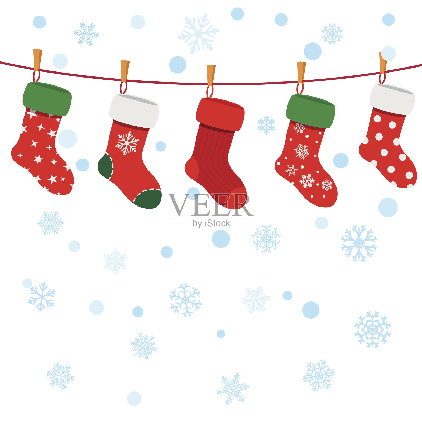 圣诞背景用袜子挂在绳子上插画图片素材
