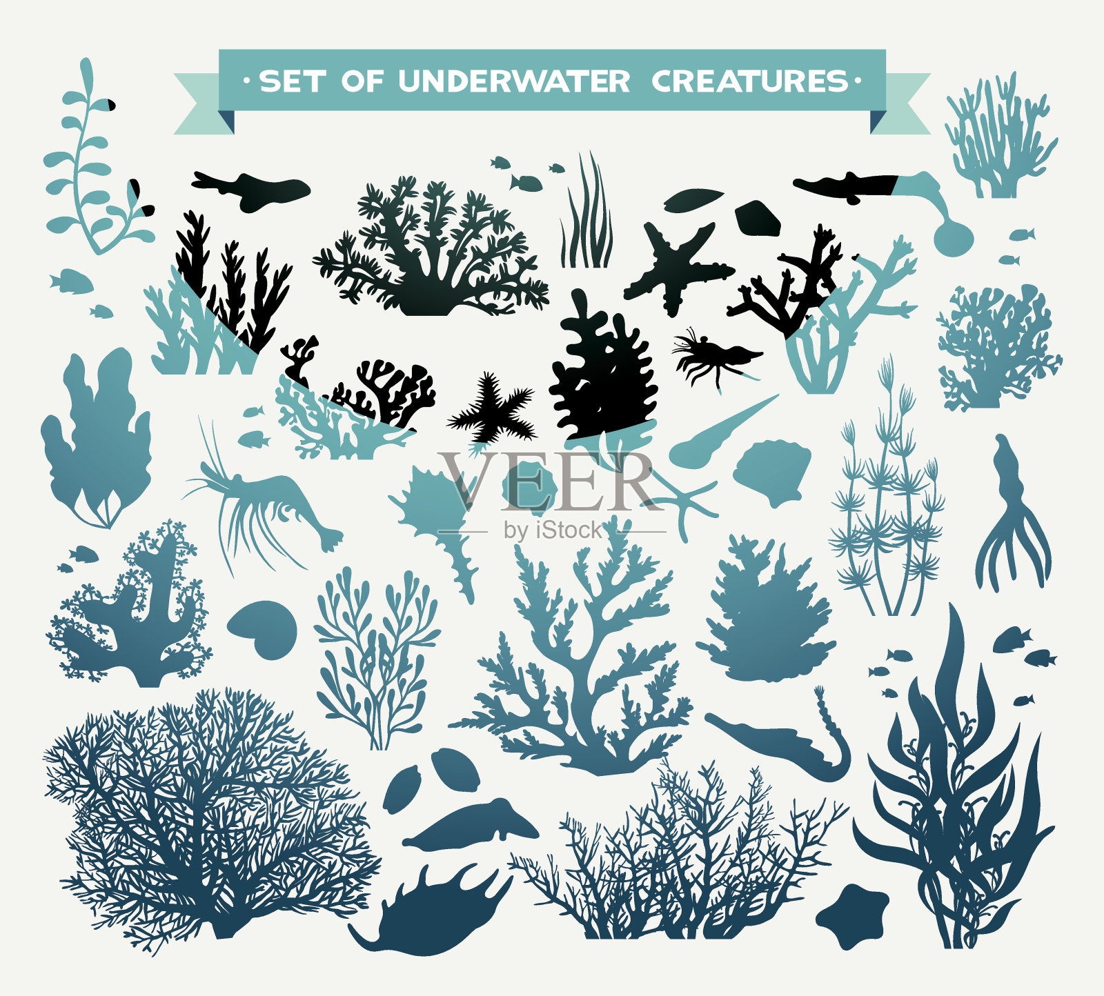 矢量组水下生物-珊瑚和鱼。插画图片素材