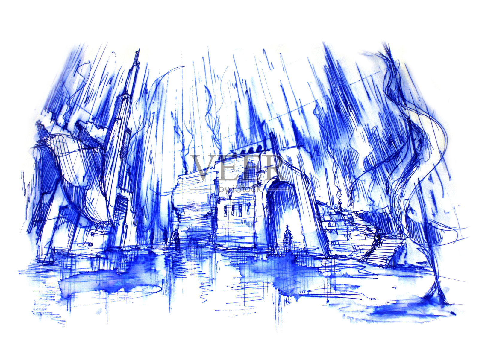 雨和废墟建筑插图插画图片素材