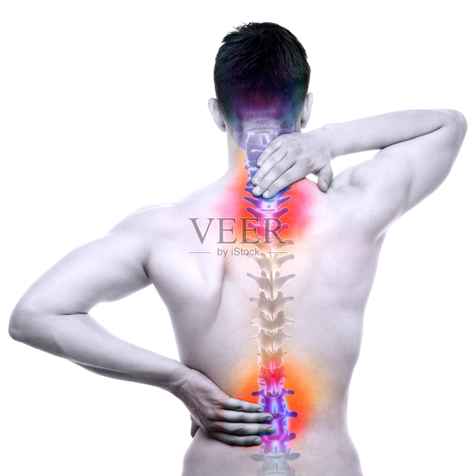 脊柱疼痛-男性受伤脊柱孤立于白色照片摄影图片